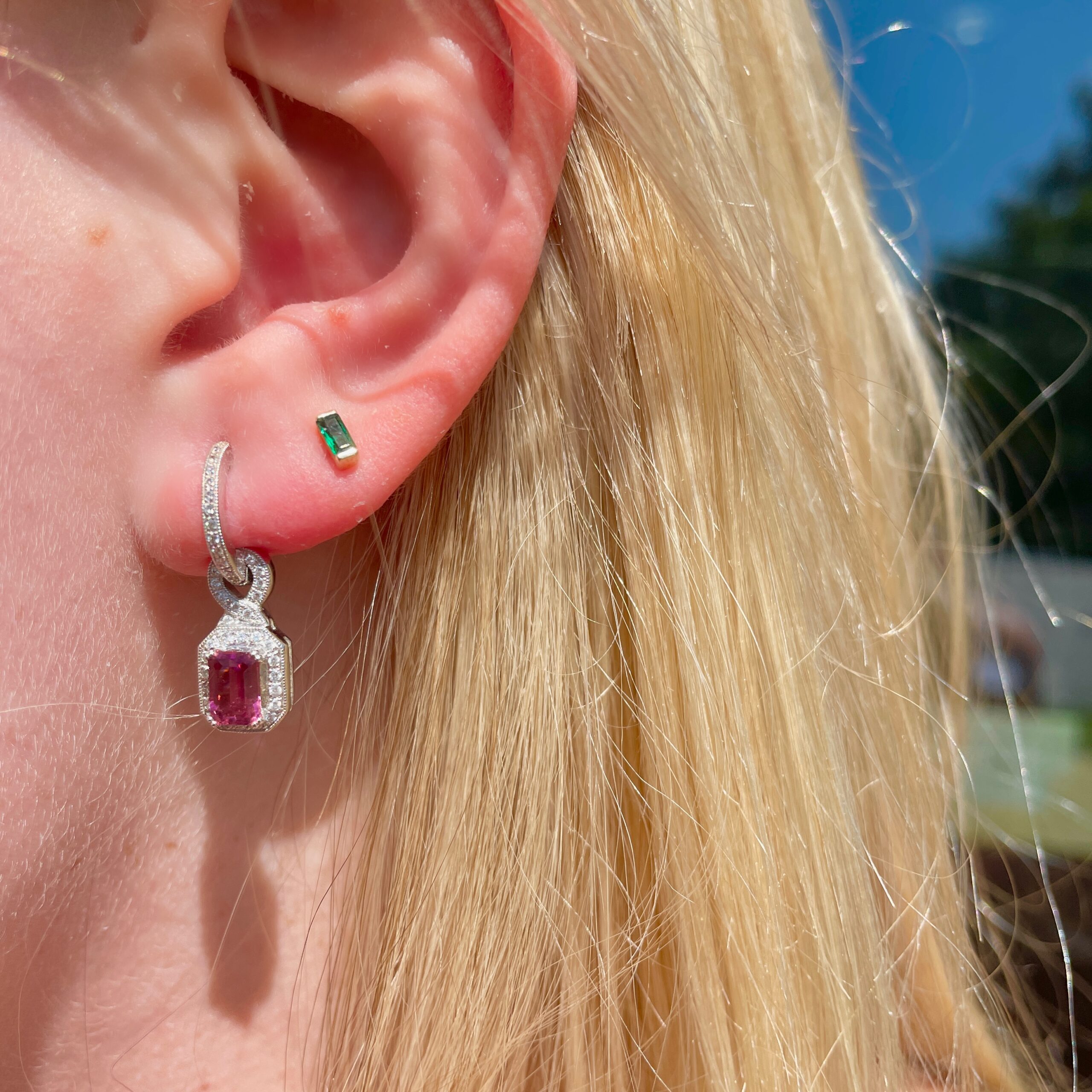 Estate: White Gold Pink Tourmaline and Diamond Huggie Drop Earrings