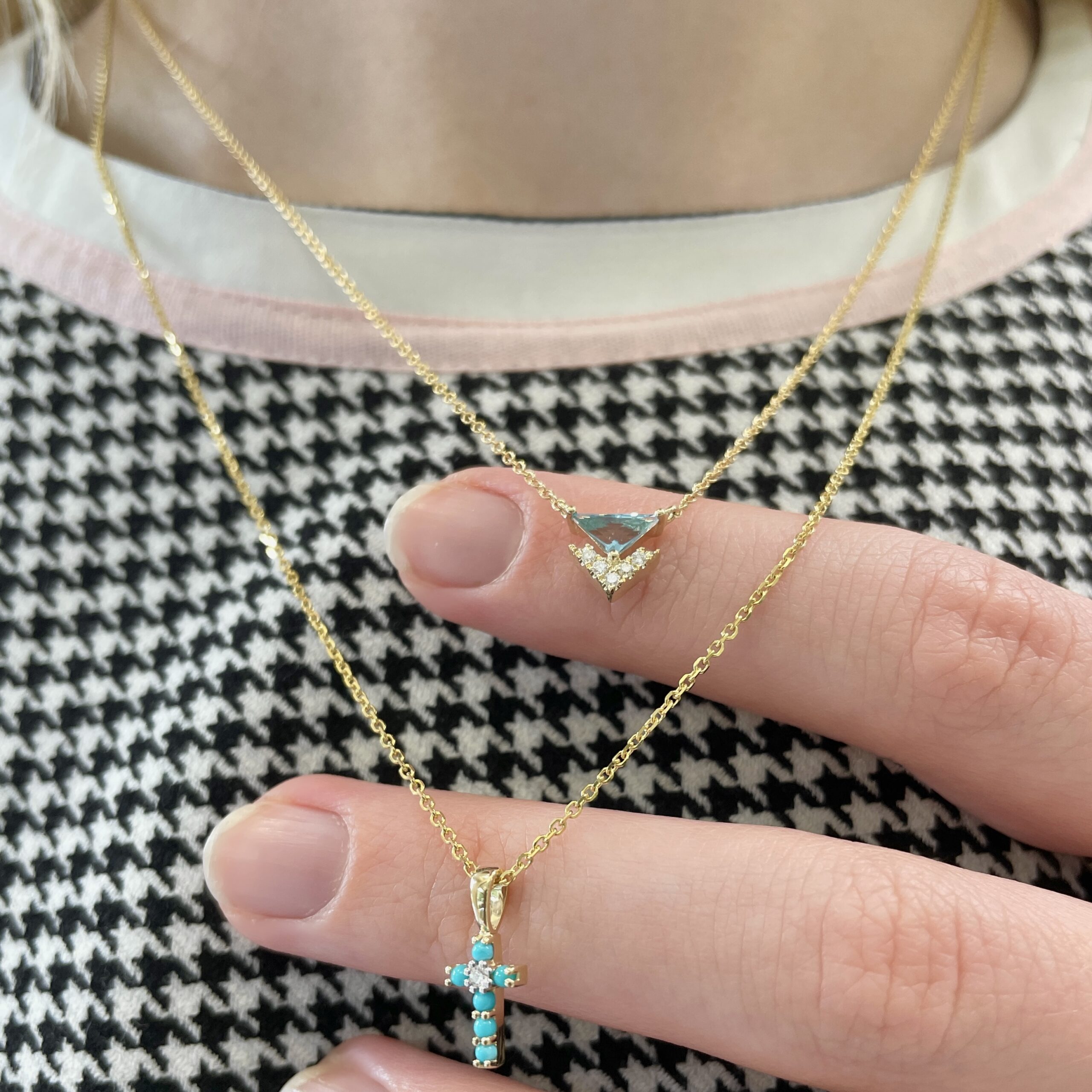 Yellow Gold Turquoise and Diamond Cross Necklace