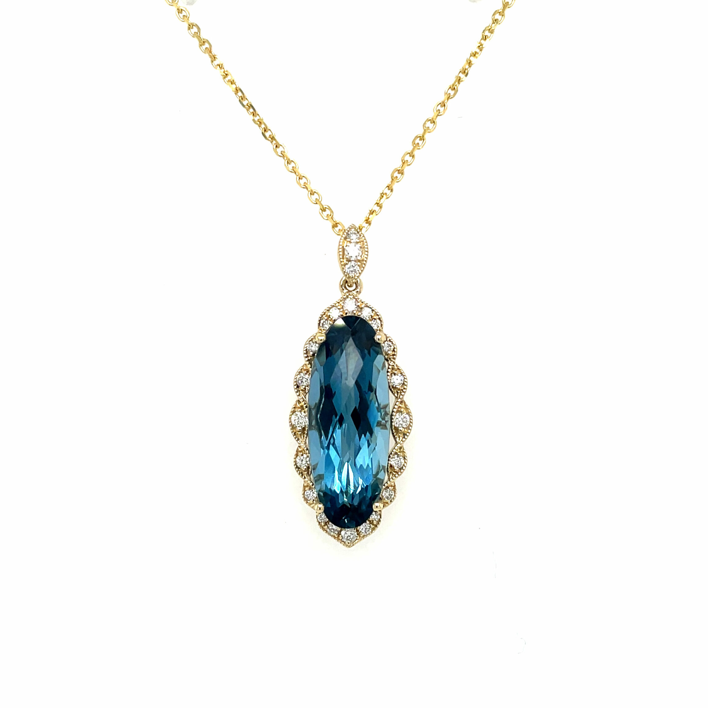 Yellow Gold Blue Topaz and Diamond Pendant Necklace