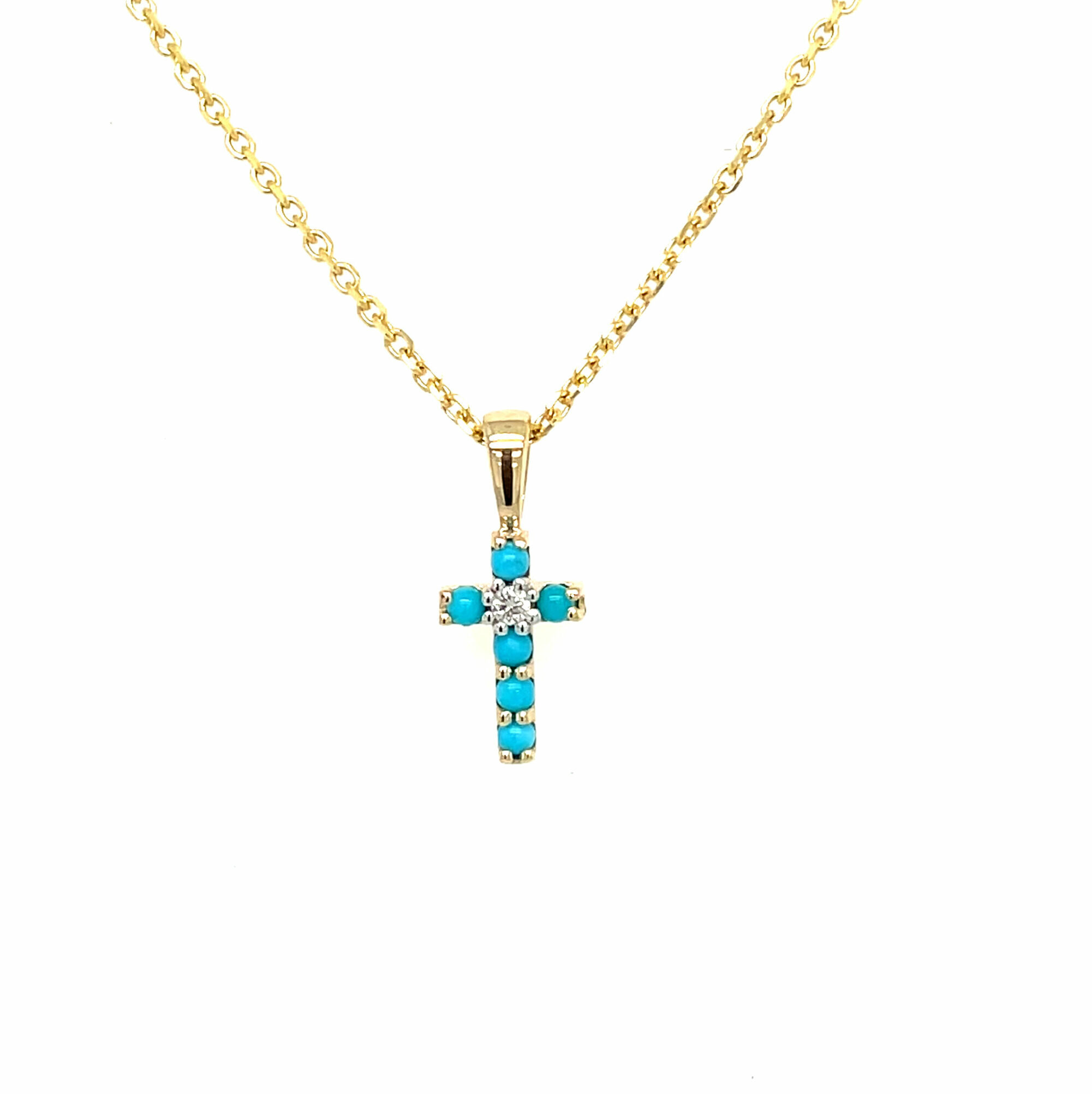 Yellow Gold Turquoise and Diamond Cross Necklace