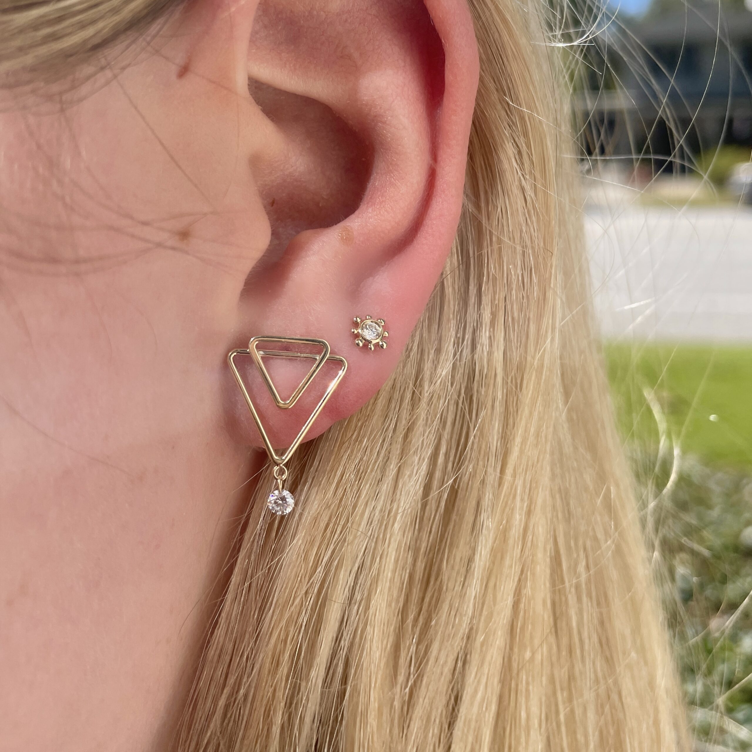 Yellow Gold Double Triangle Diamond Drop Earrings