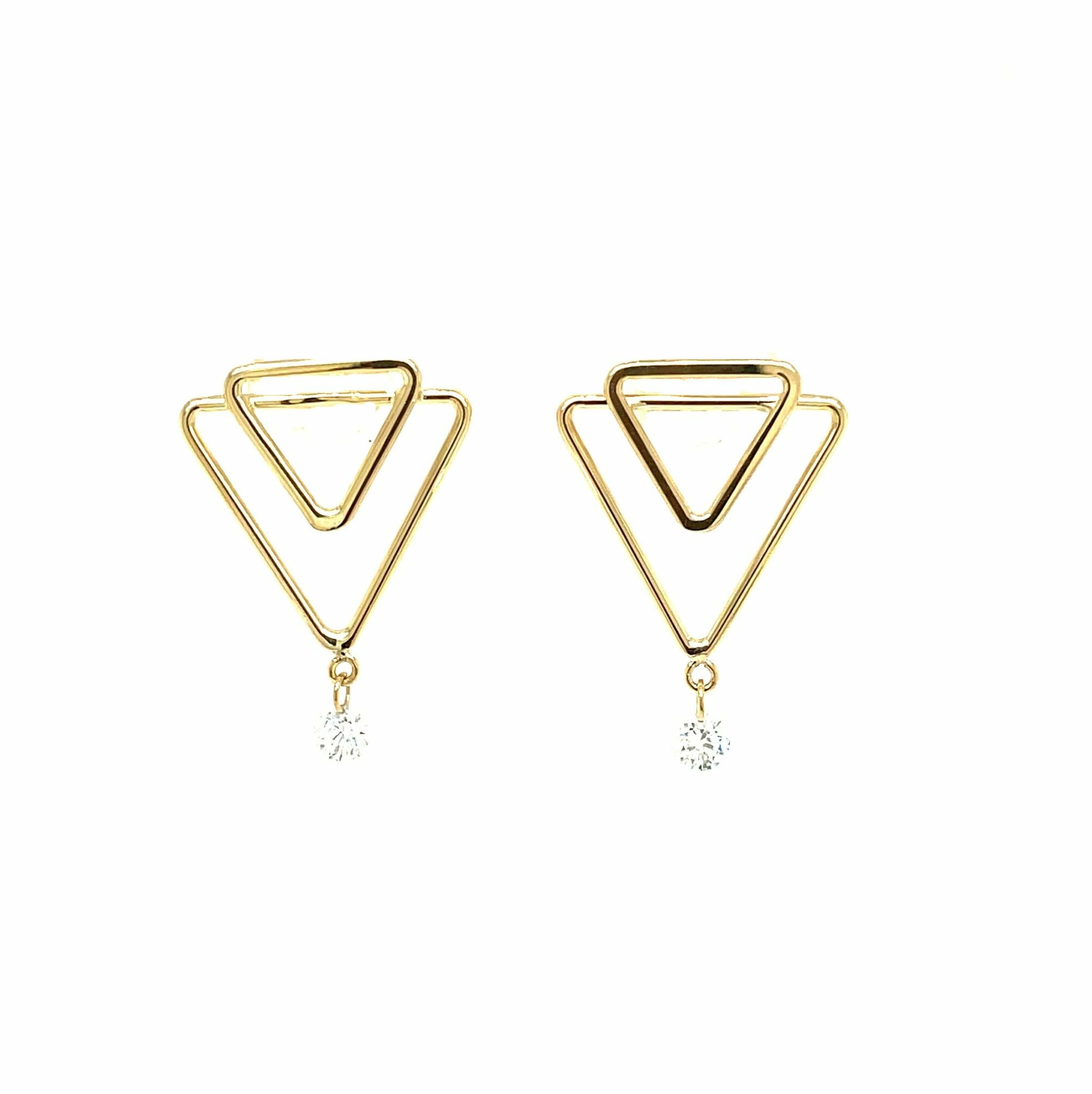 Yellow Gold Double Triangle Diamond Drop Earrings