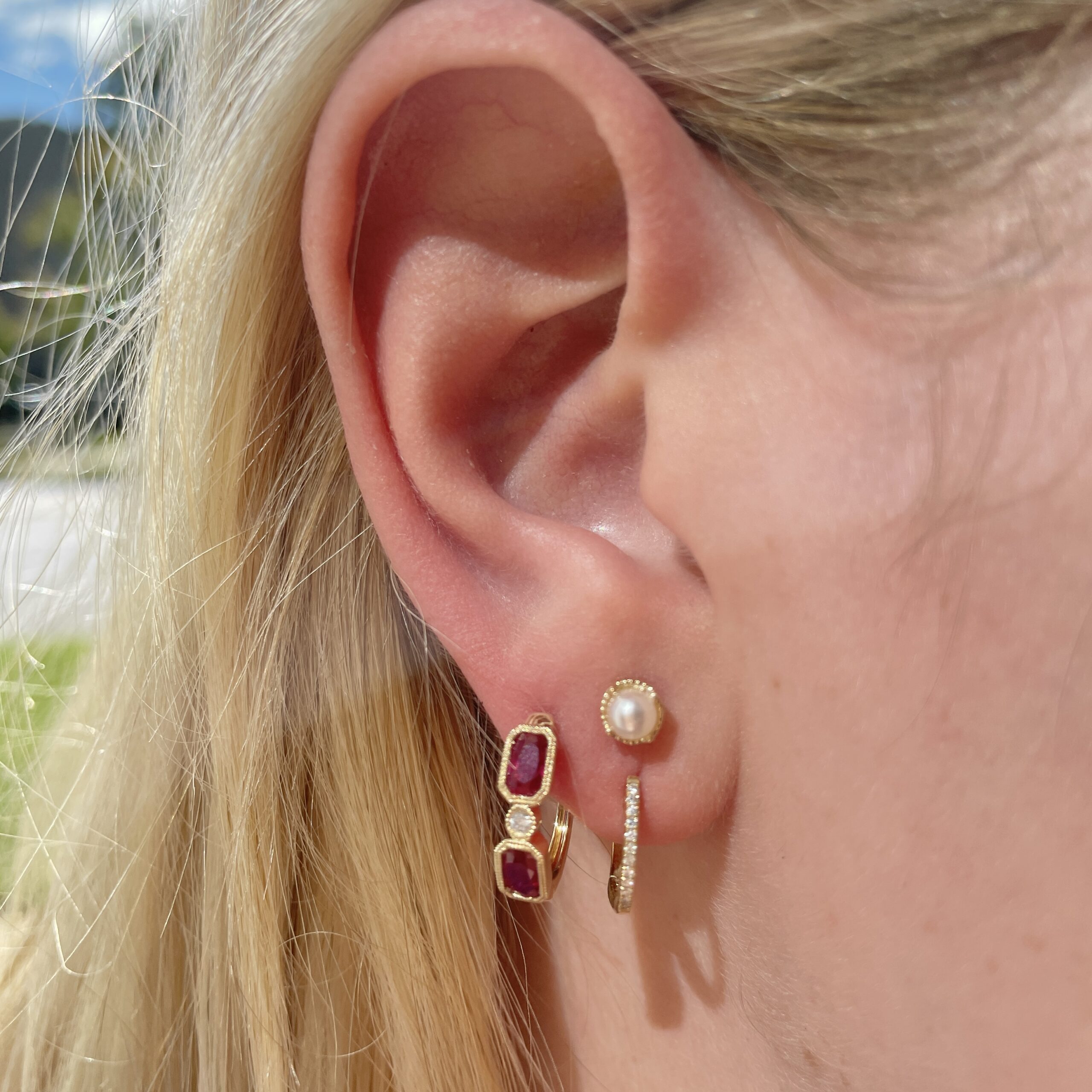 Yellow Gold Ruby and Diamond Huggie Earrings