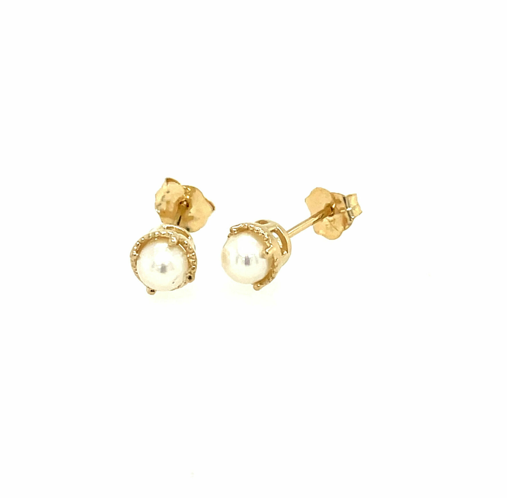 Yellow Gold Millgrain Freshwater Pearl Stud Earrings