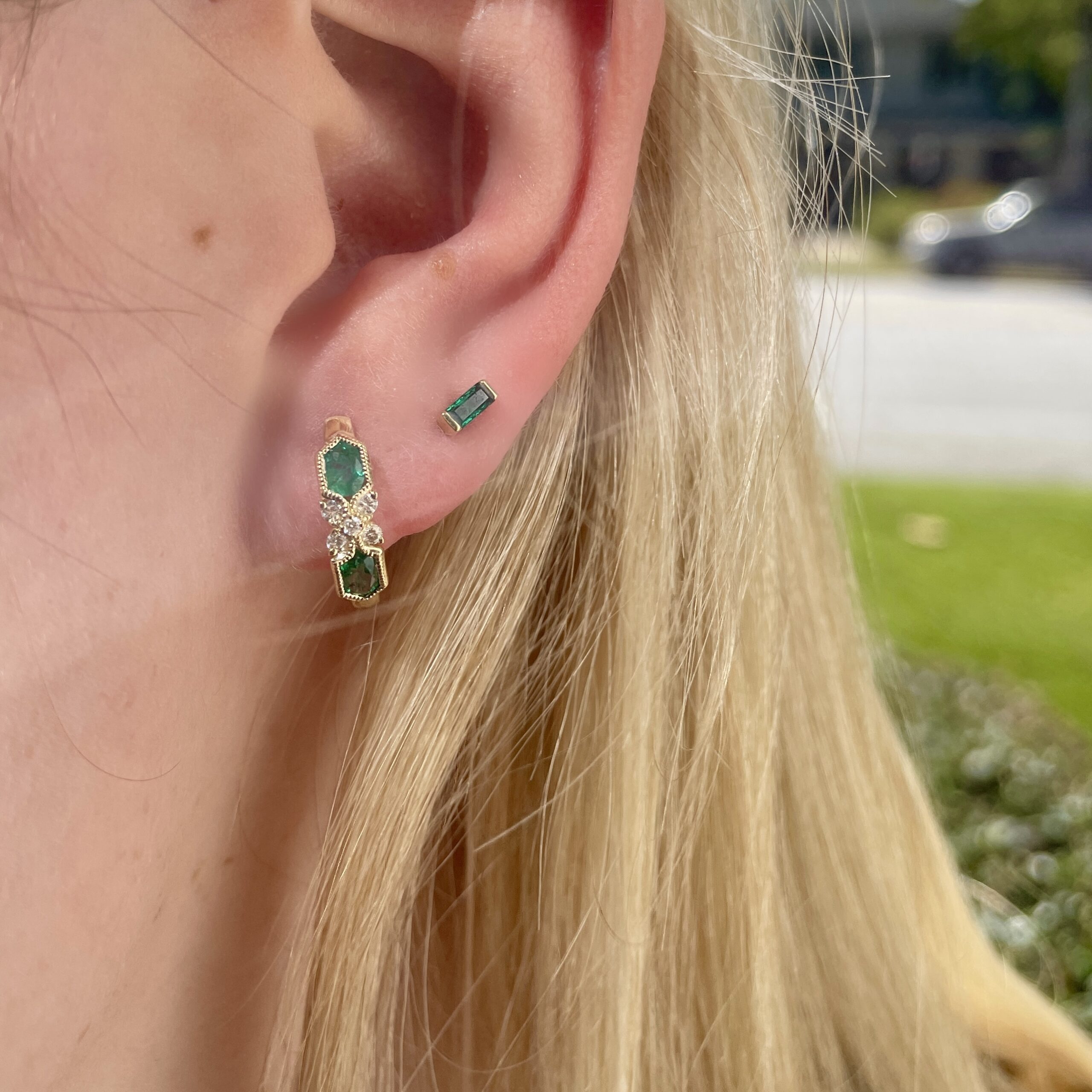 Yellow Gold Emerald and Diamond Huggie Earrings