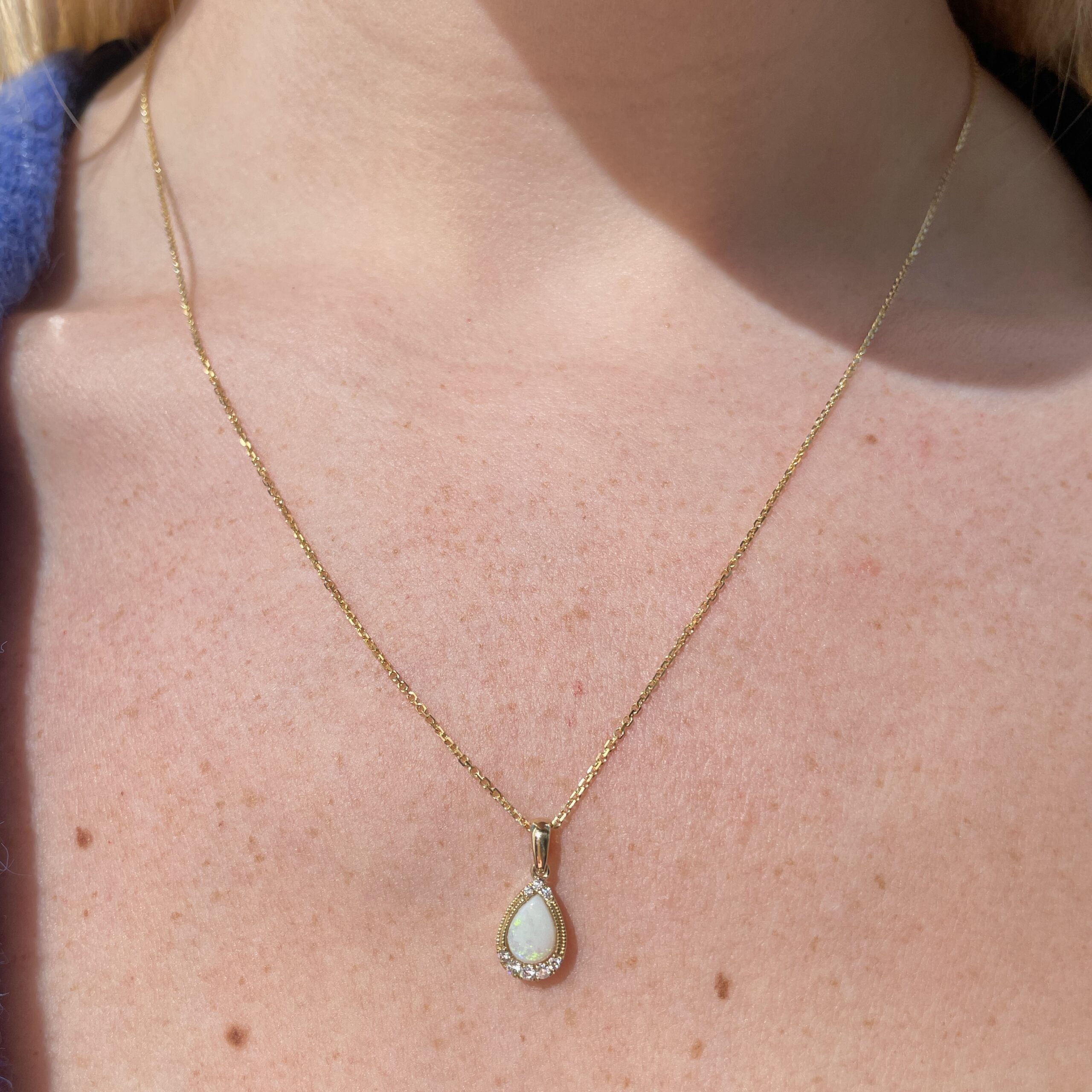 Yellow Gold Opal and Diamond Drop Pendant Necklace
