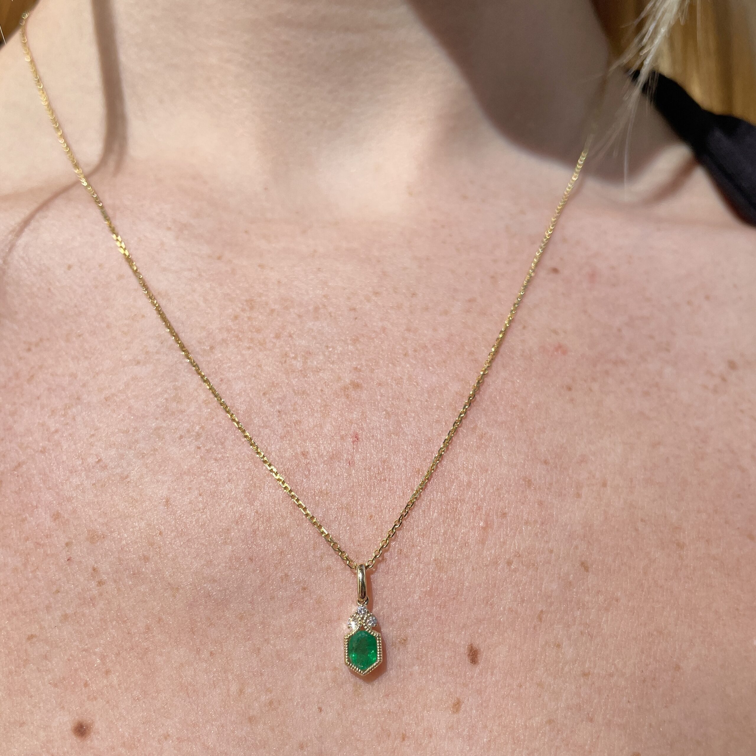 Yellow Gold Emerald and Diamond Millgrain Pendant Necklace