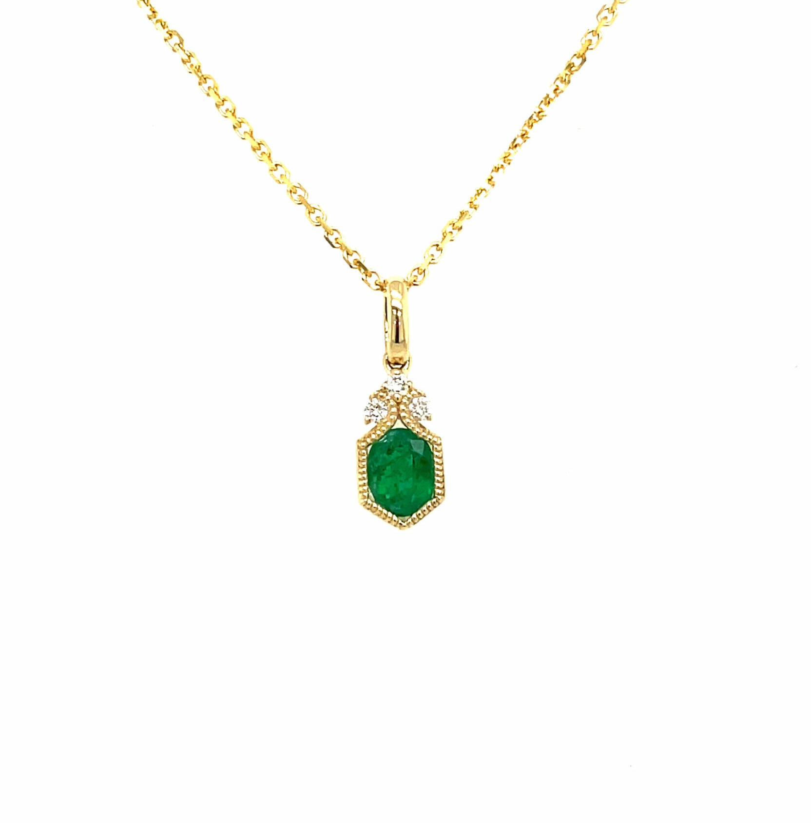 Yellow Gold Emerald and Diamond Millgrain Pendant Necklace