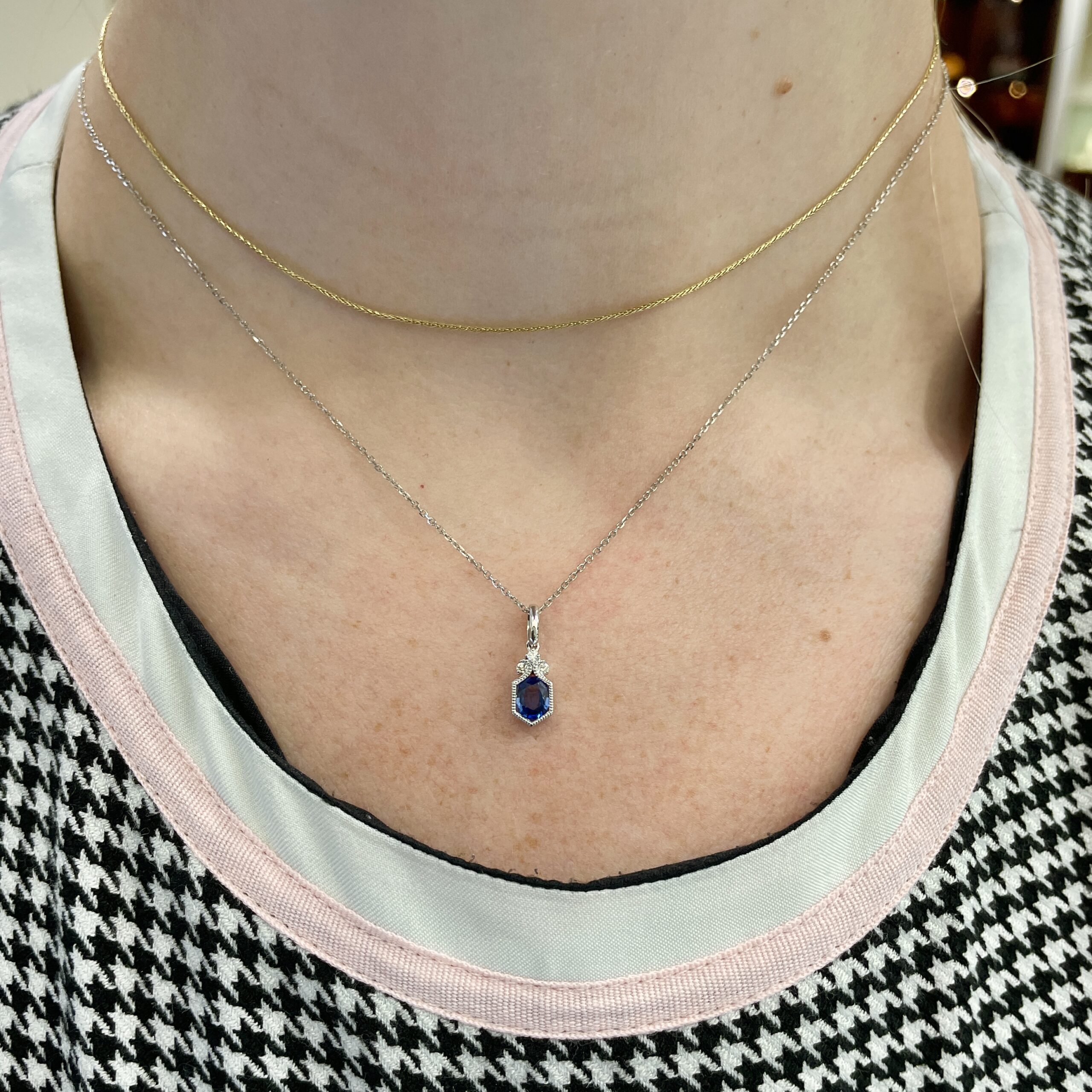 Yellow Gold Sapphire and Diamond Milgrain Necklace