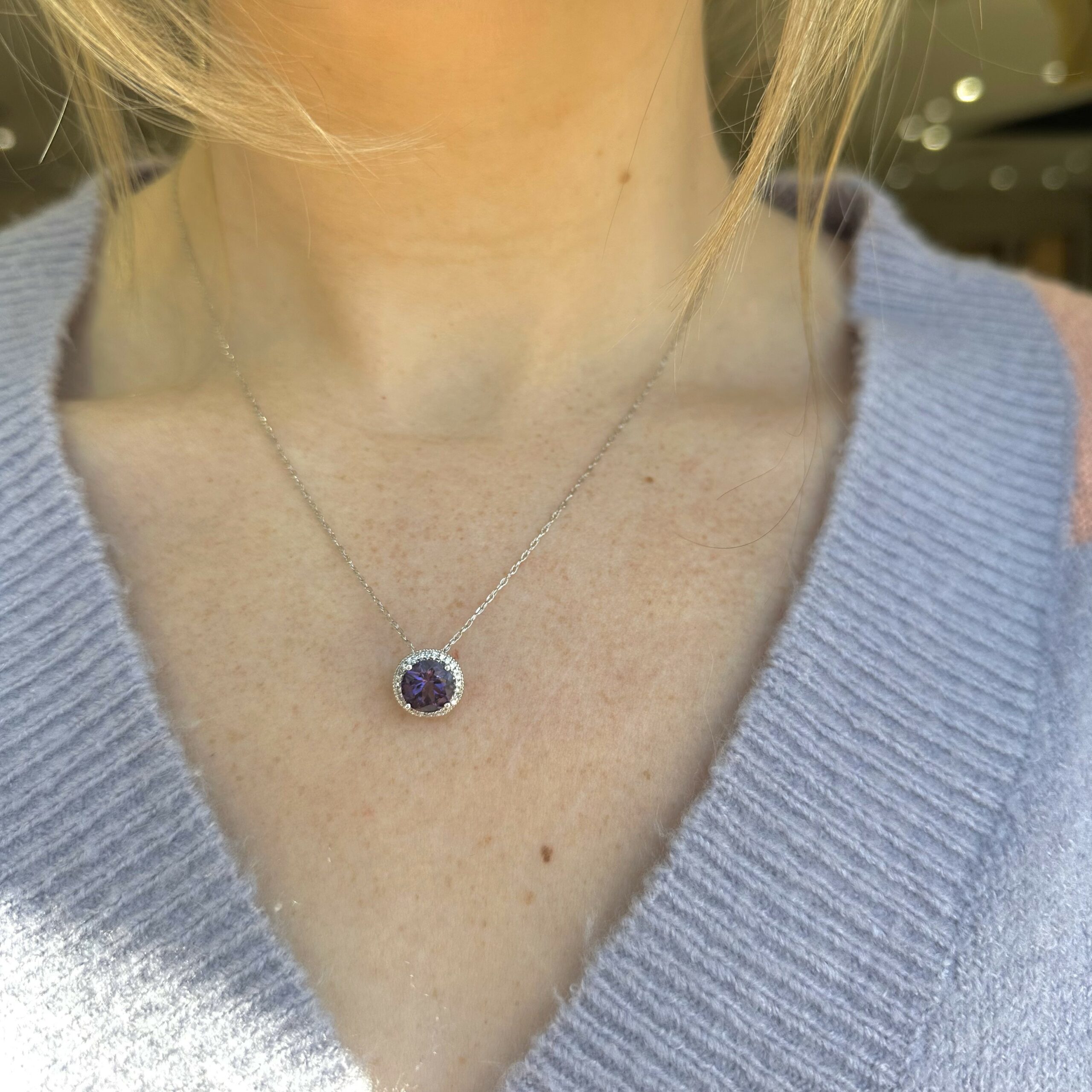 White Gold Amethyst and Diamond Halo Necklace