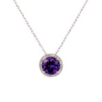 White Gold Amethyst and Diamond Halo Necklace