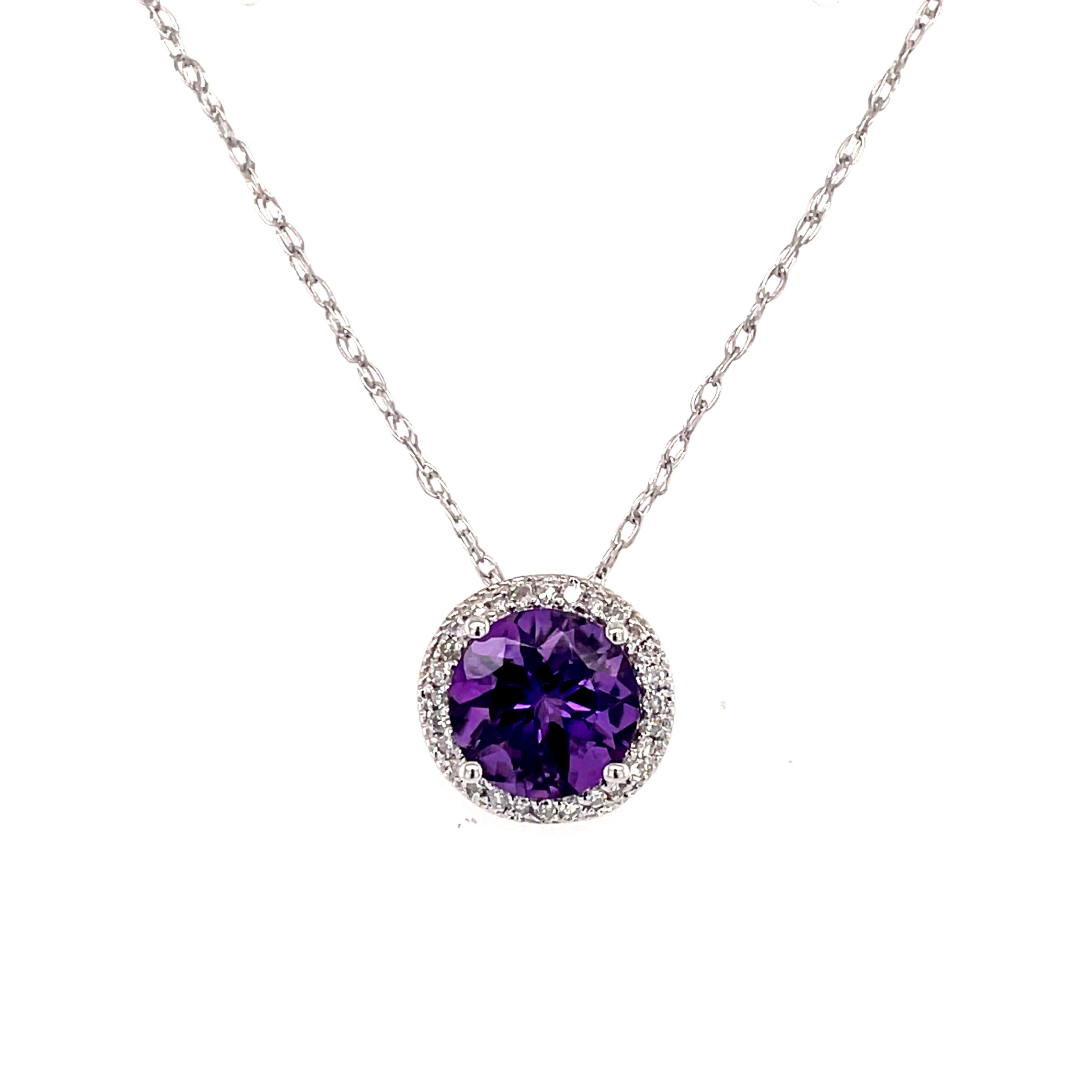 White Gold Amethyst and Diamond Halo Necklace