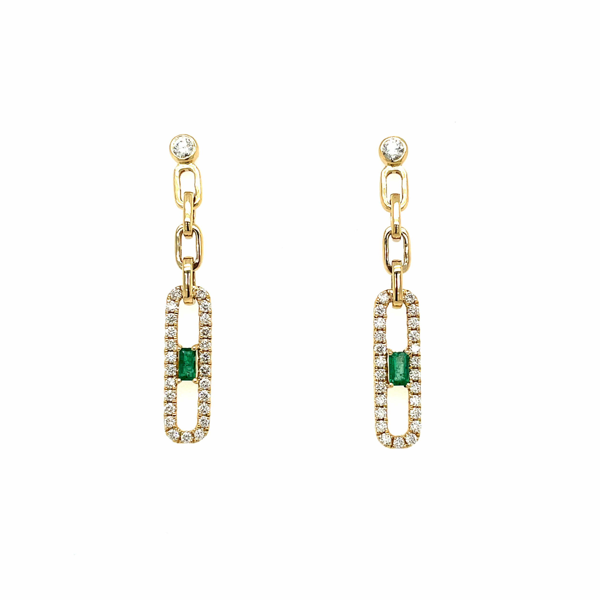 Yellow Gold Drop Chain Emerald and Diamond Earrings