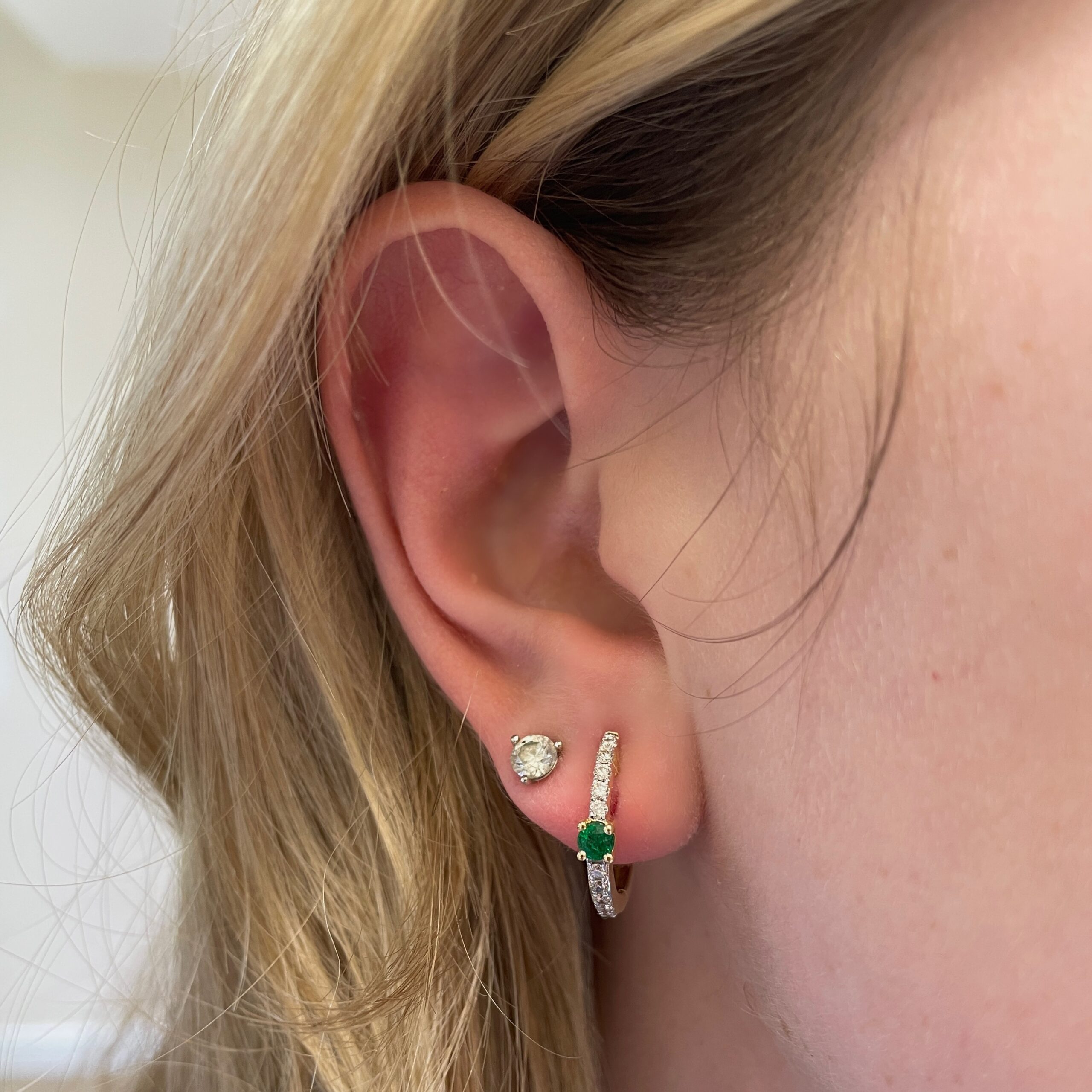 Yellow Gold Emerald and Diamond Huggie Earrings