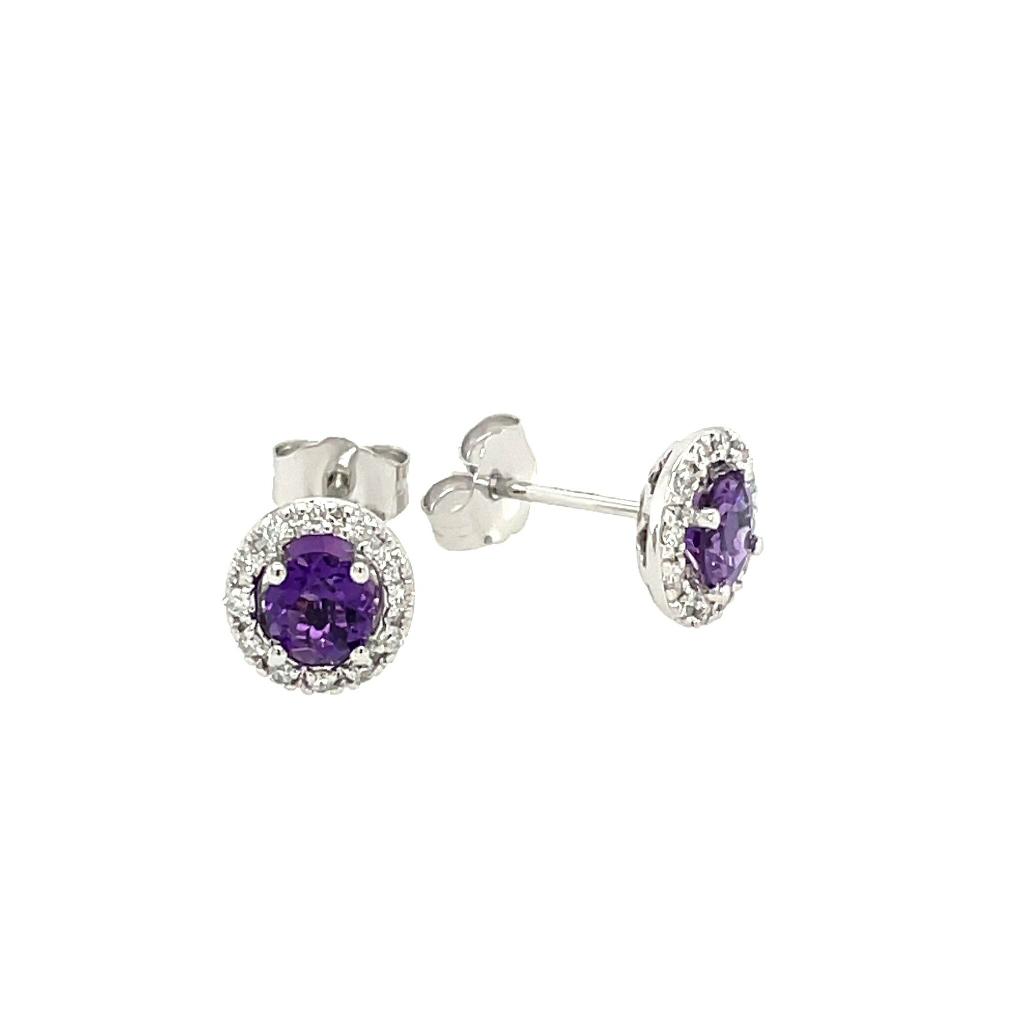 White Gold Amethyst and Diamond Halo Stud Earrings