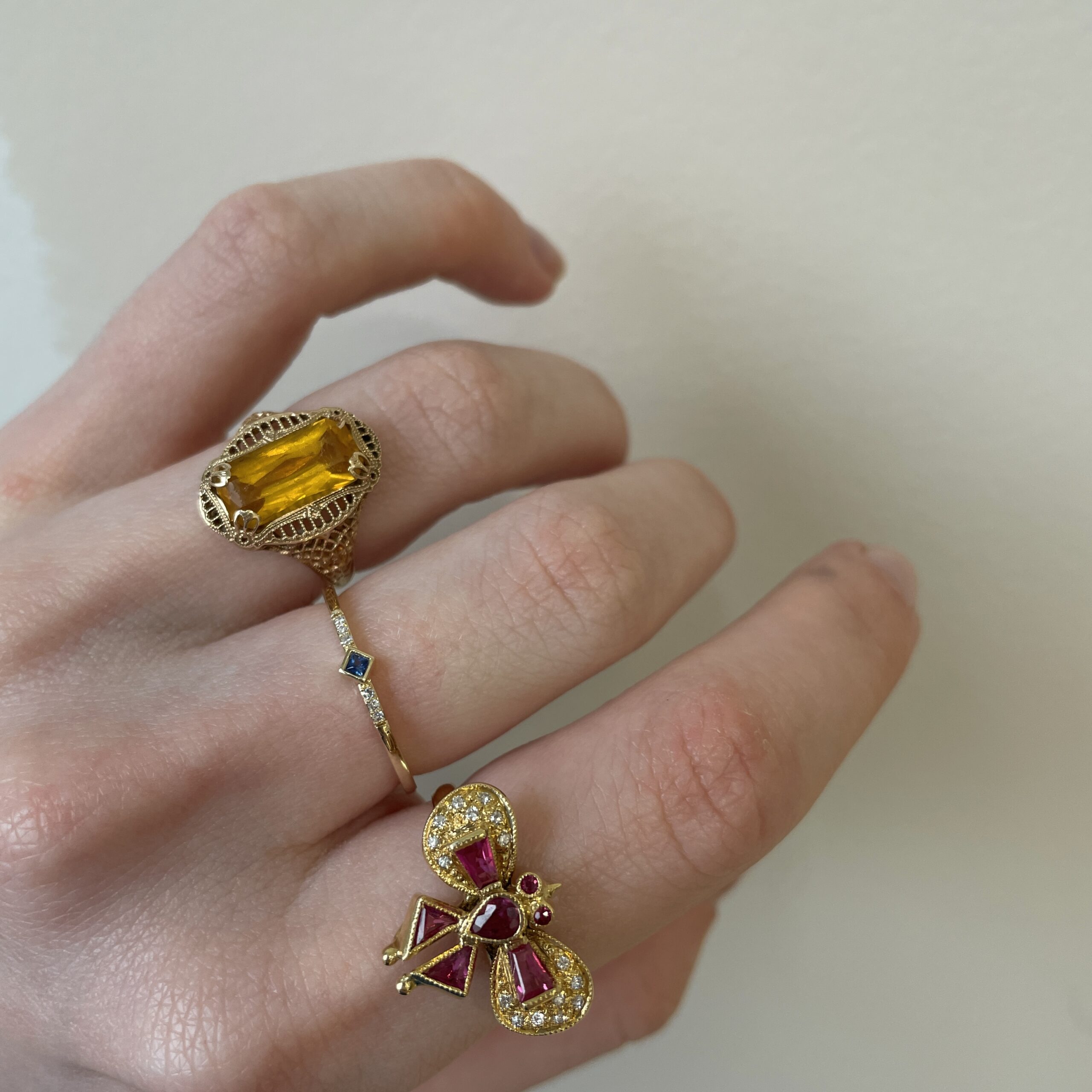 Estate: Yellow Gold Ruby and Diamond Moth Ring