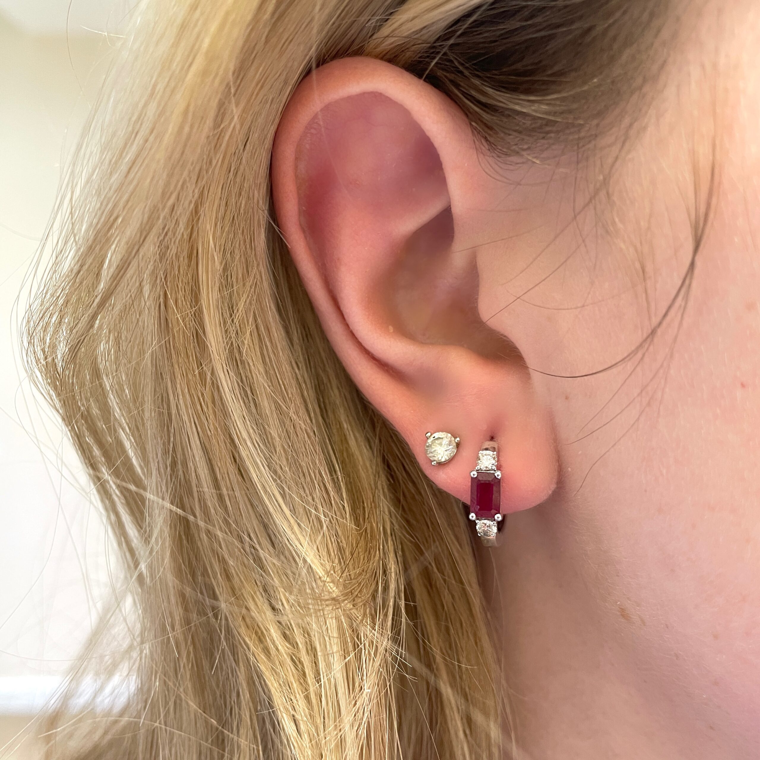 White Gold Ruby and Diamond Huggie Earrings