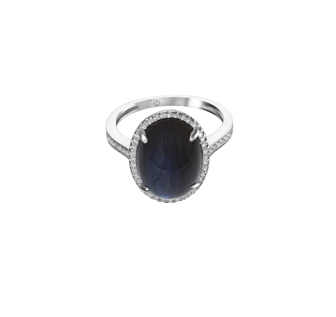 White Gold Labradorite and Diamond Halo Ring