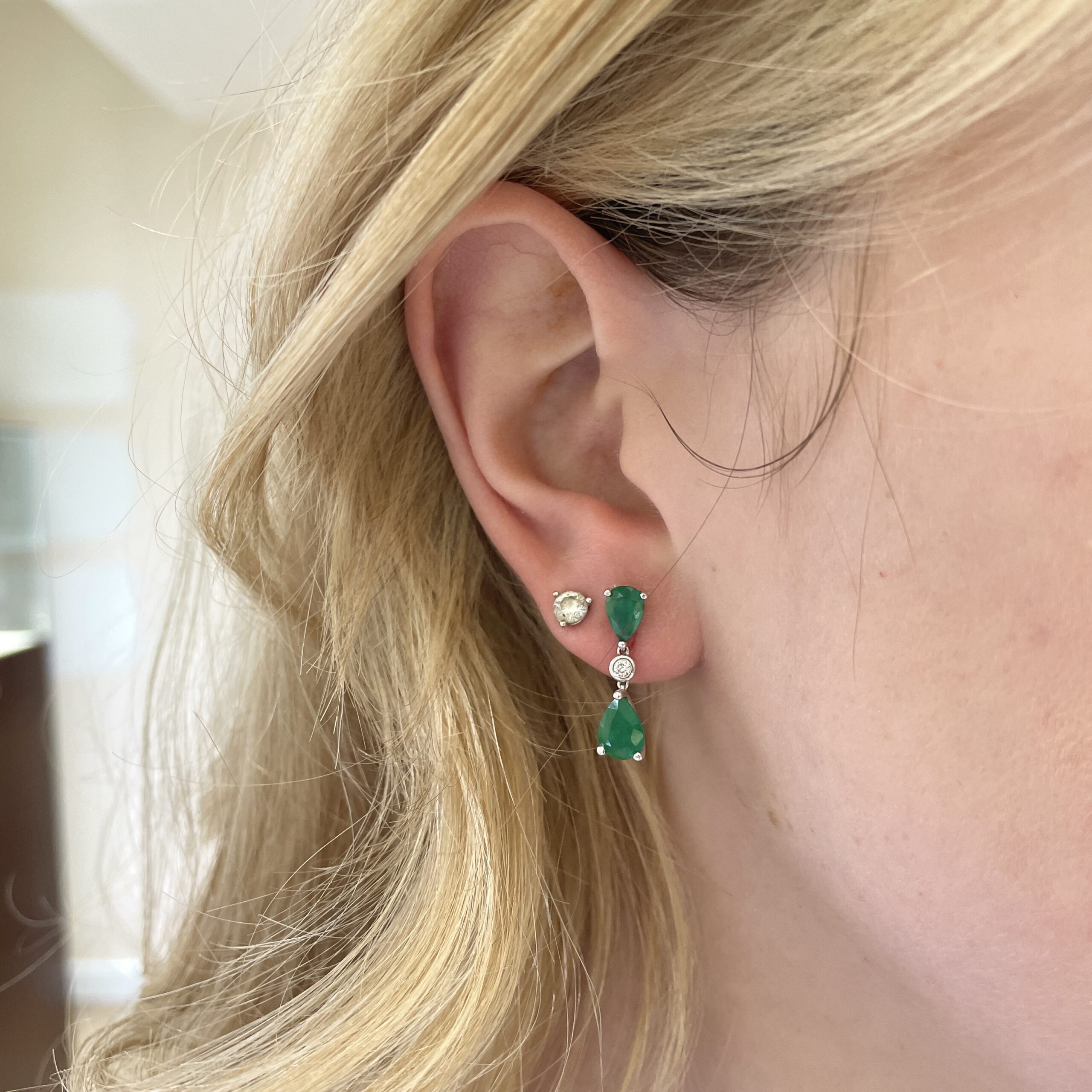 Estate: White Gold Emerald and Diamond Drop Earrings