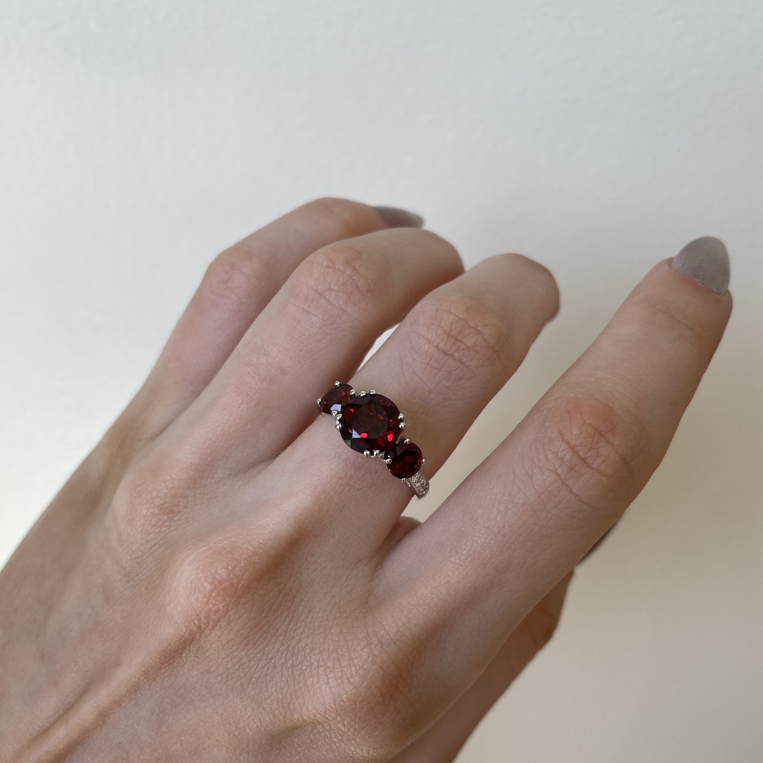 White Gold Three Stone Garnet and Diamond Ring