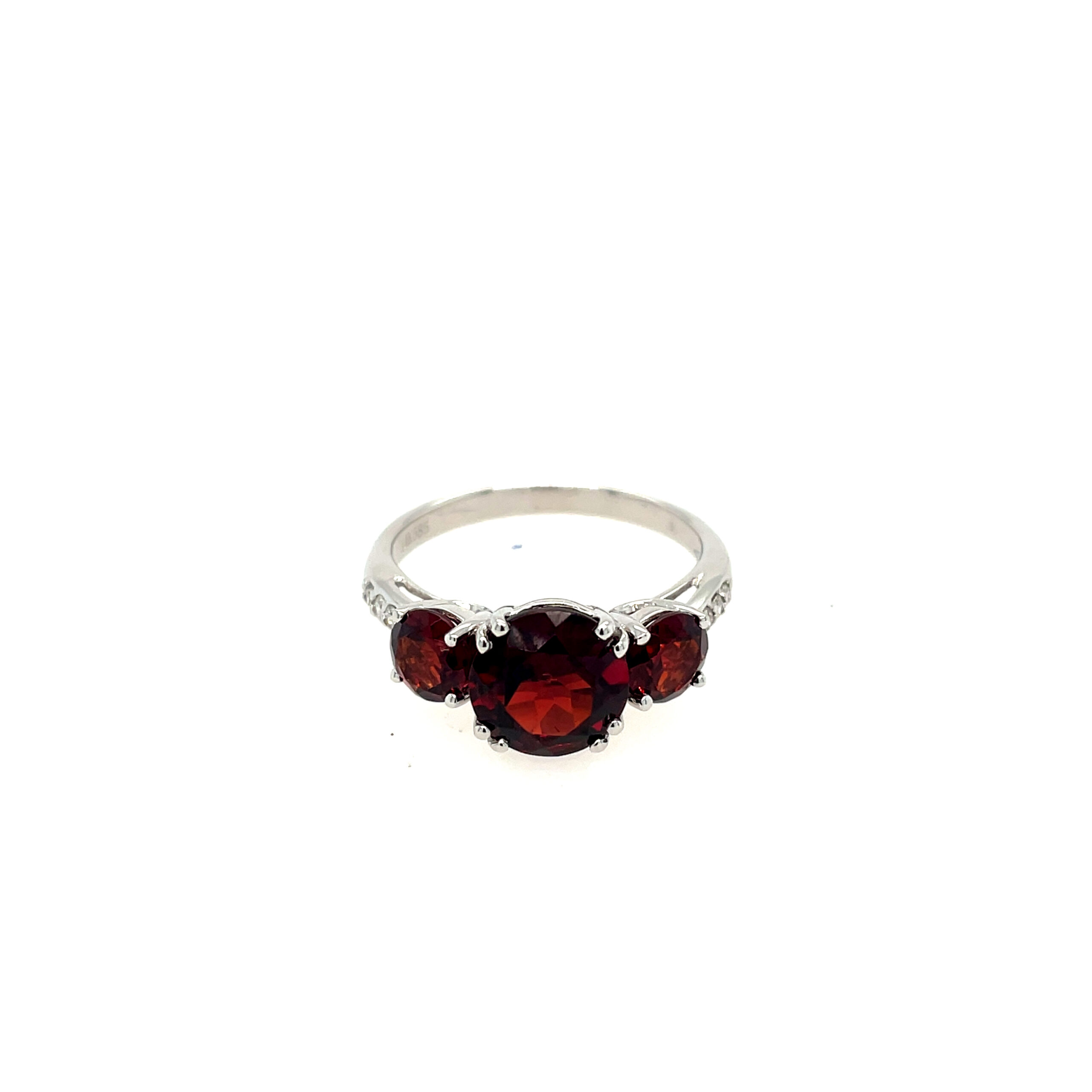 White Gold Three Stone Garnet and Diamond Ring