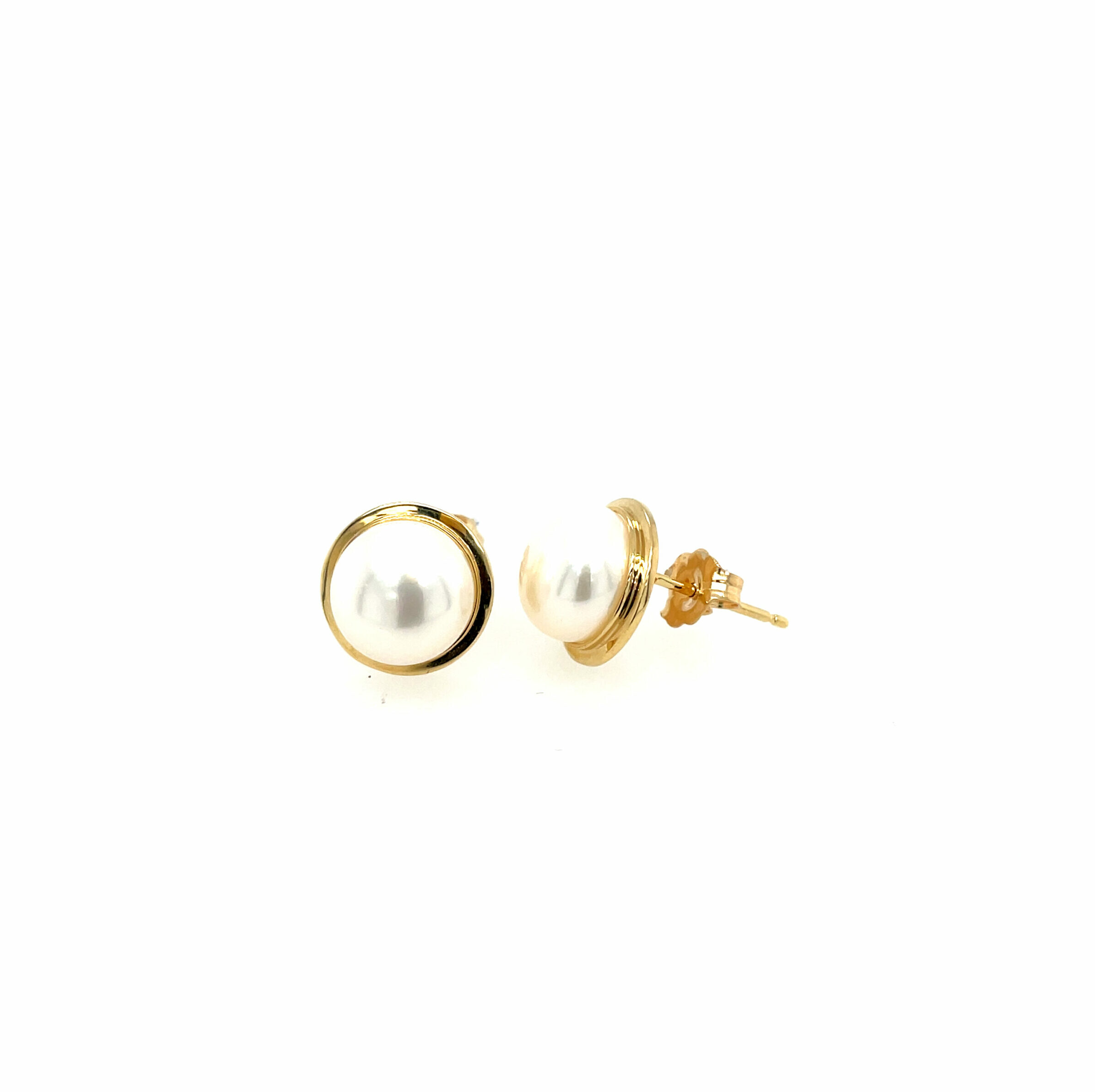 Yellow Gold Pearl Button Stud Earrings