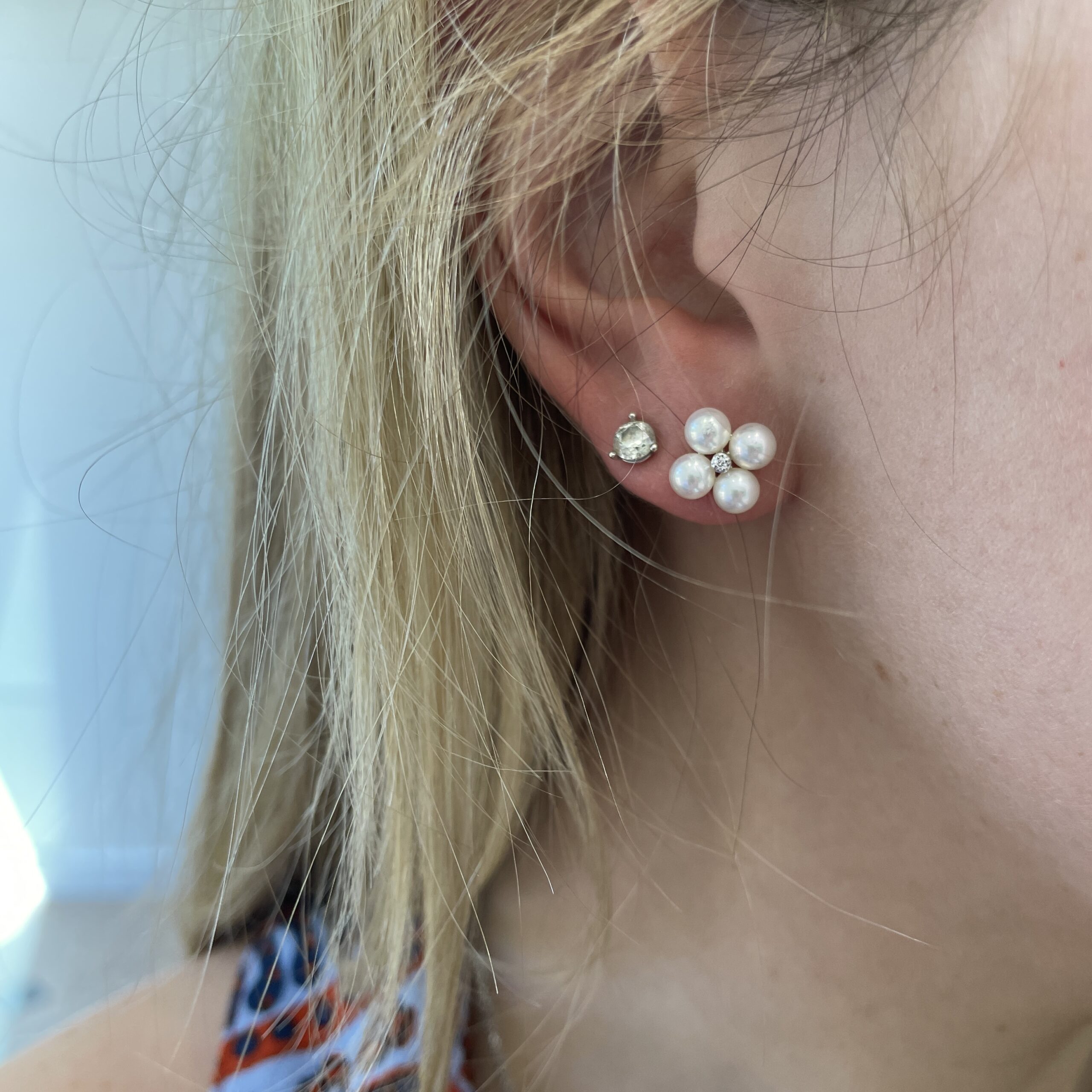 White Gold Pearl and Diamond Clover Earrings
