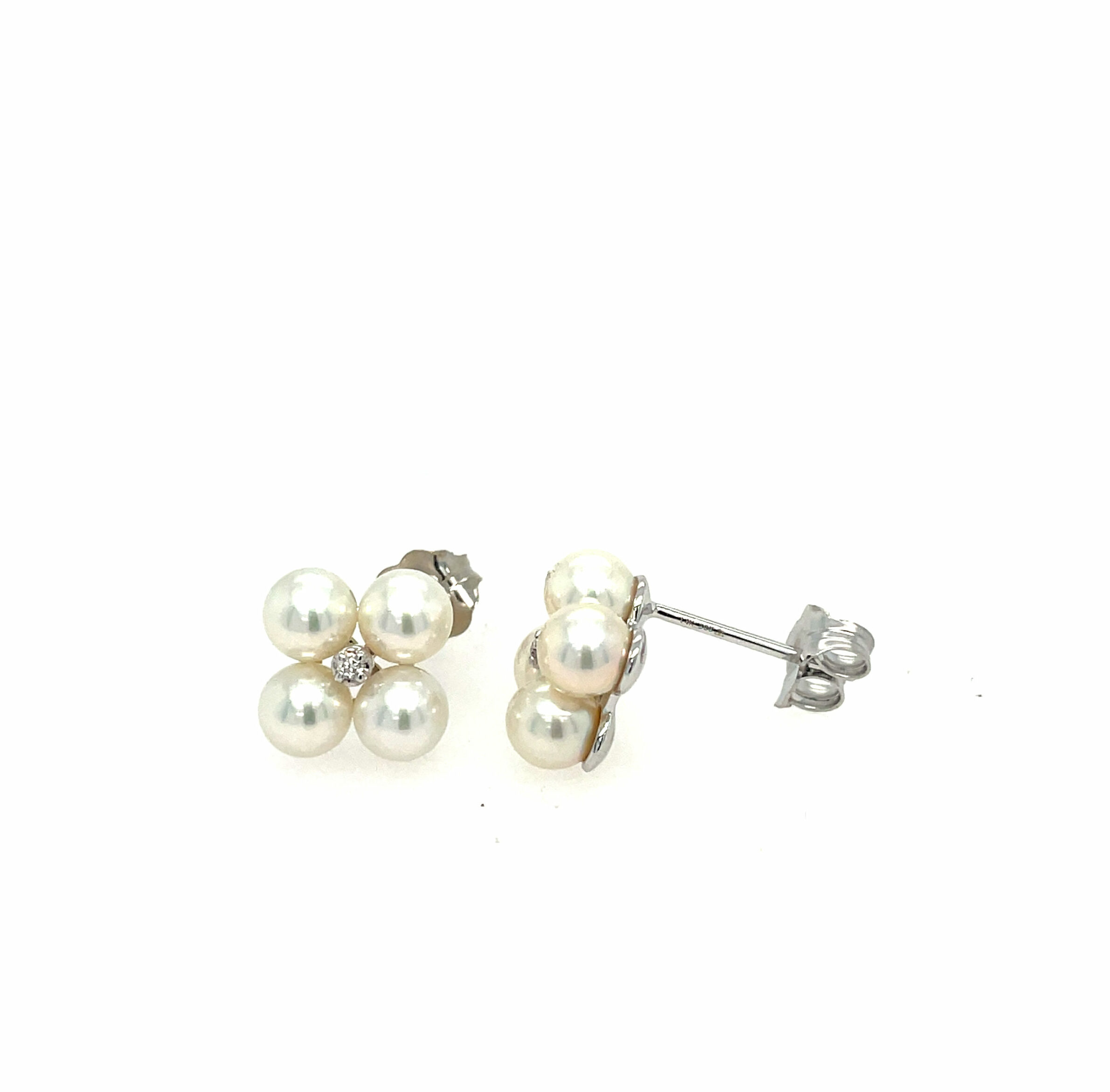 White Gold Pearl and Diamond Clover Earrings