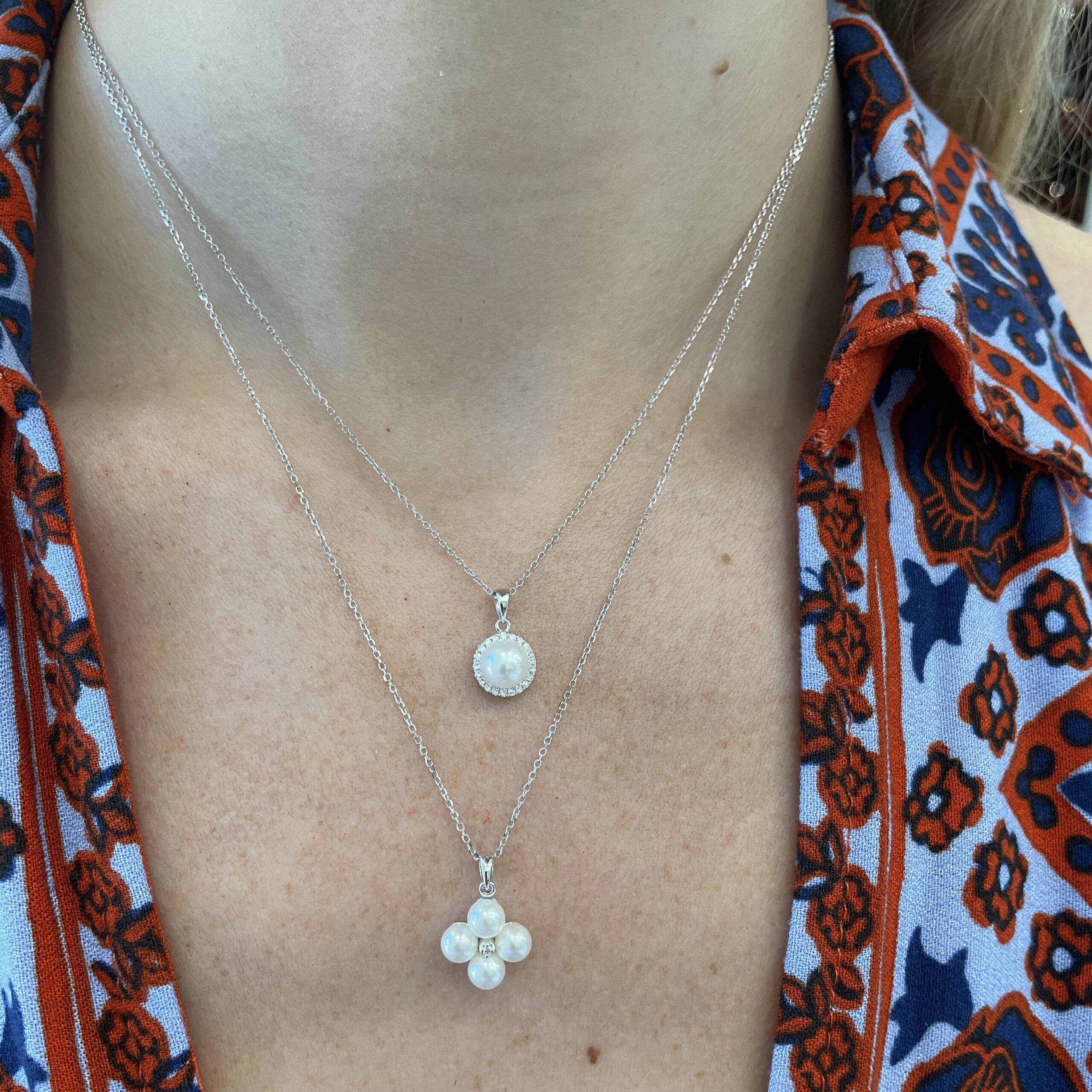 White Gold Pearl and Diamond Clover Necklace