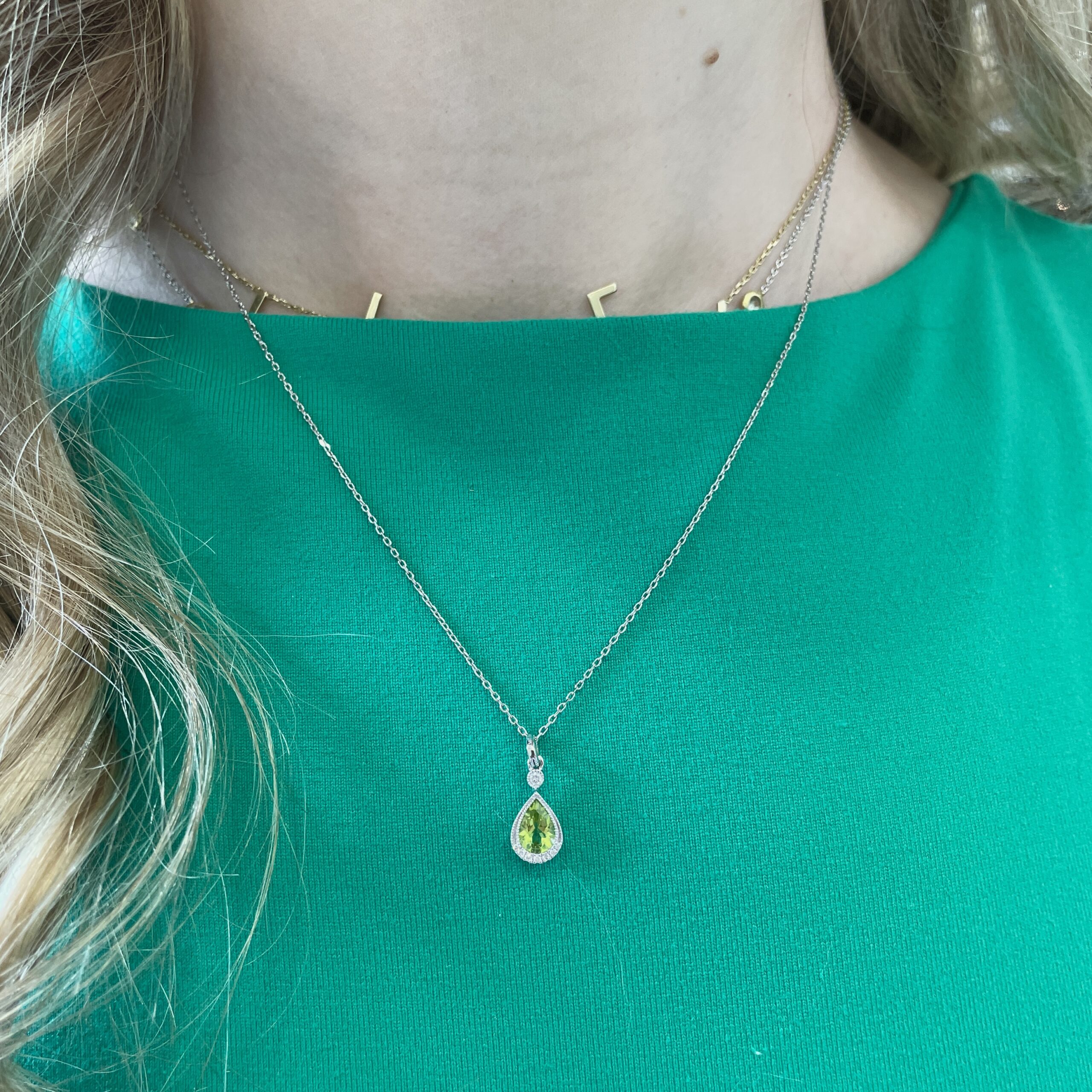 White Gold Peridot and Diamond Pear Drop Necklace