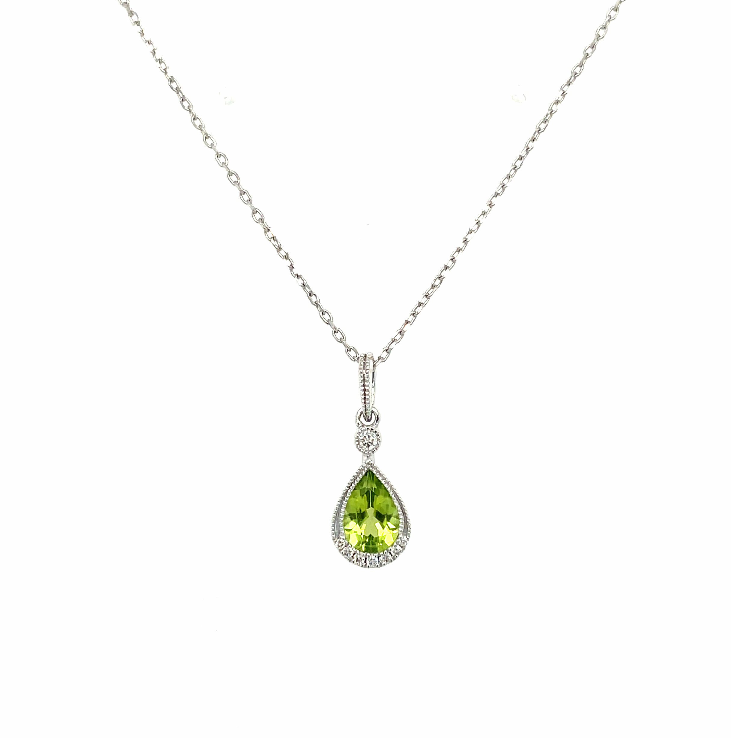 White Gold Peridot and Diamond Pear Drop Necklace