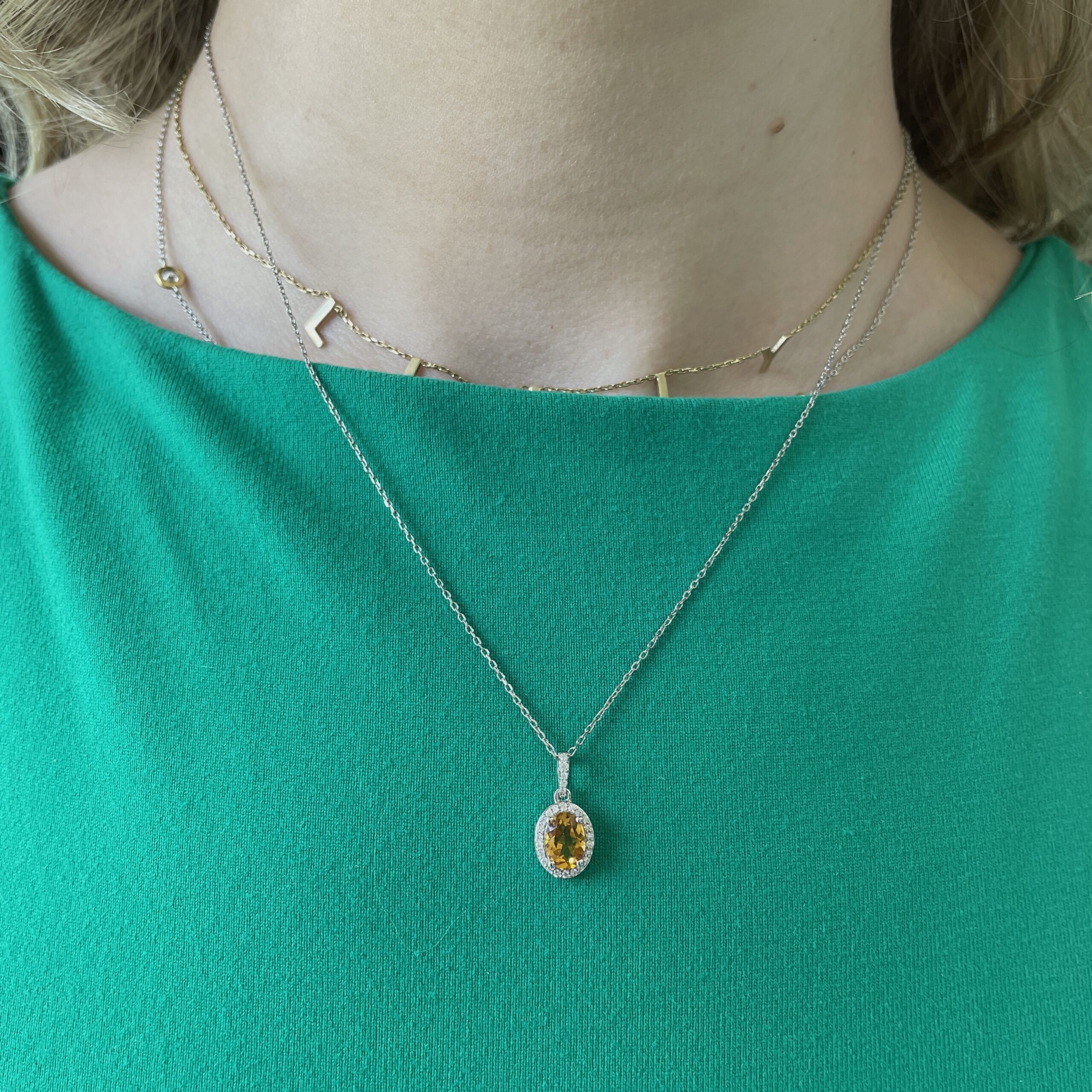 White Gold Citrine and Diamond Oval Halo Necklace