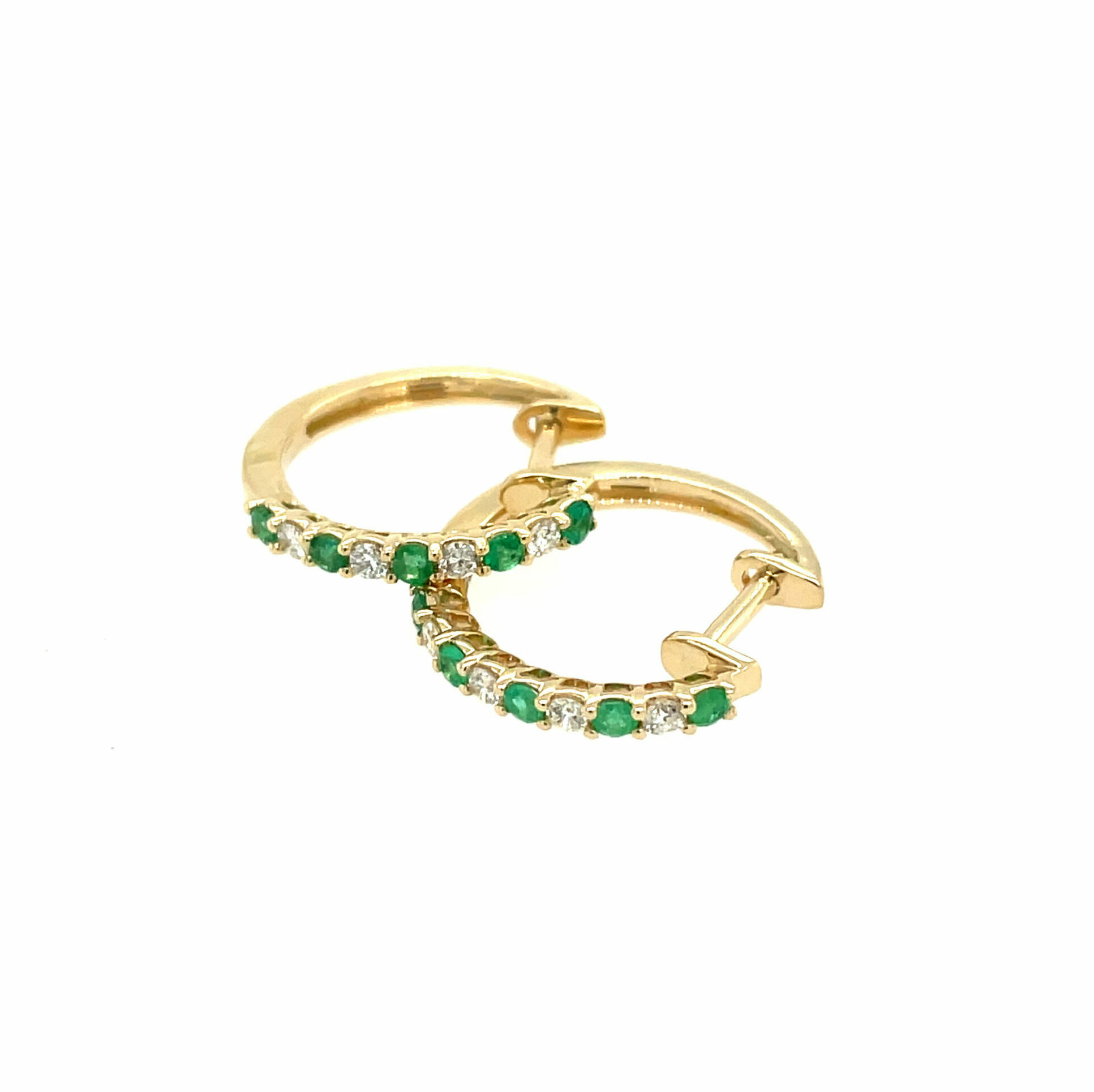 Yellow Gold Emerald and Diamond Huggie Hoop Earrings