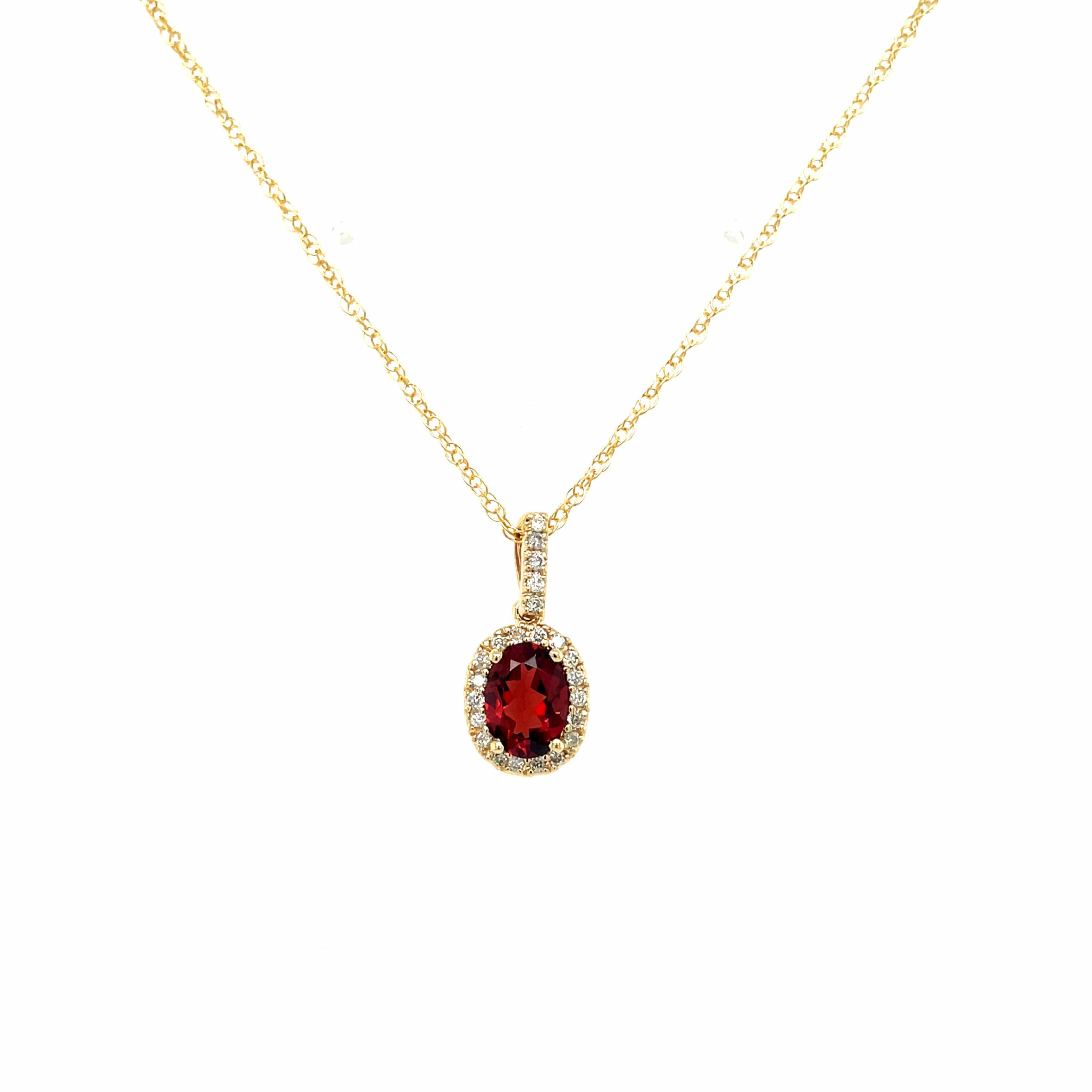 Yellow Gold Garnet and Diamond Oval Halo Necklace