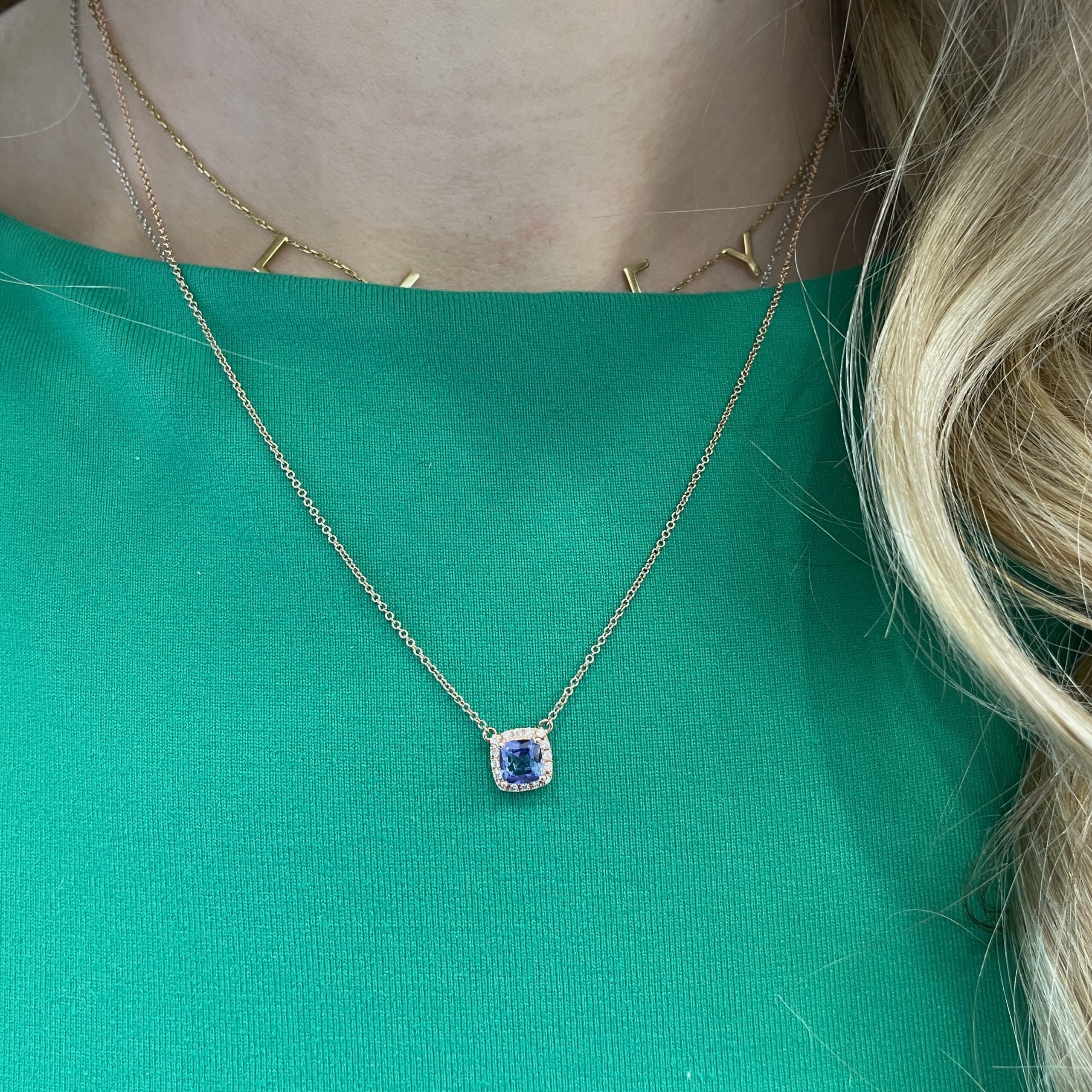 Rose Gold Tanzanite and Diamond Halo Necklace