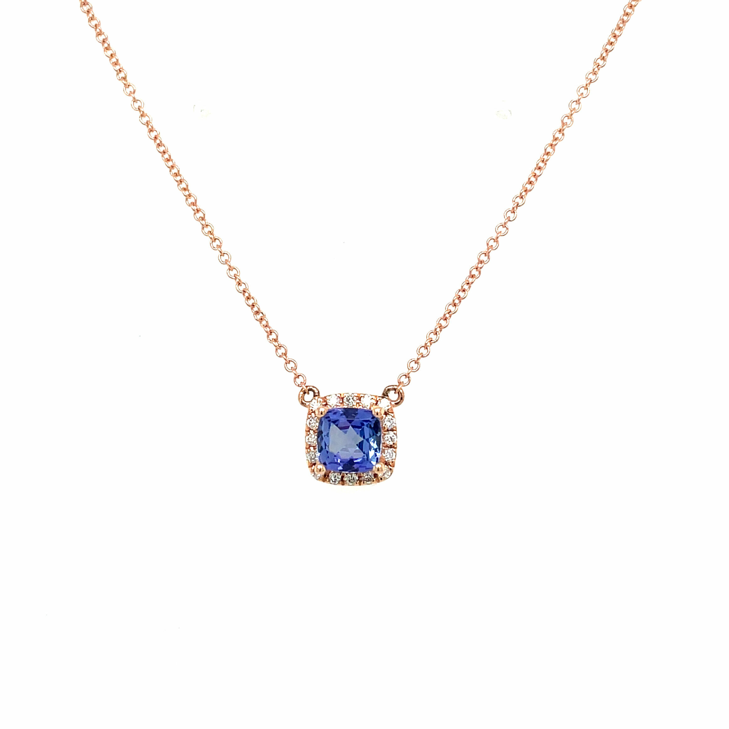 Rose Gold Tanzanite and Diamond Halo Necklace