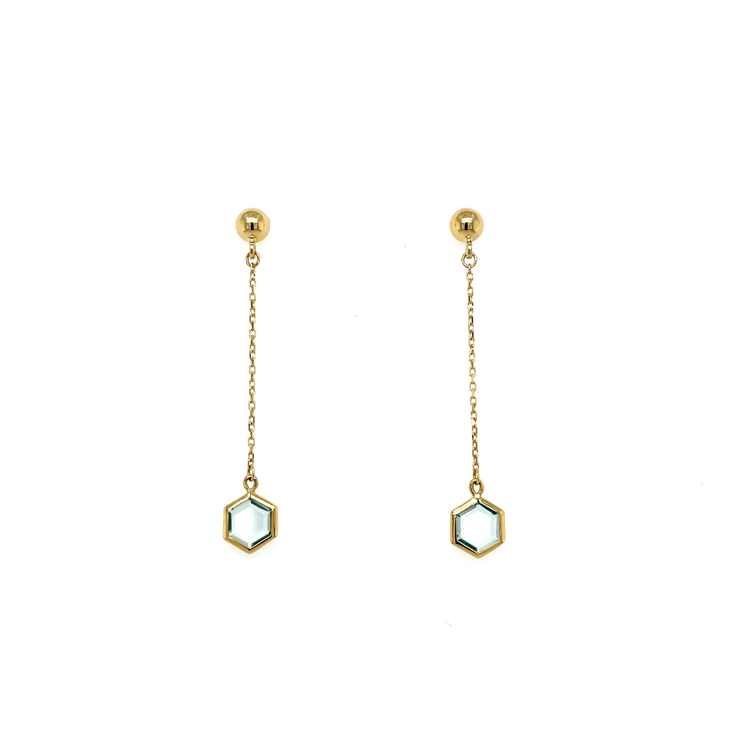 Yellow Gold Blue Topaz Hexagon Drop Earrings