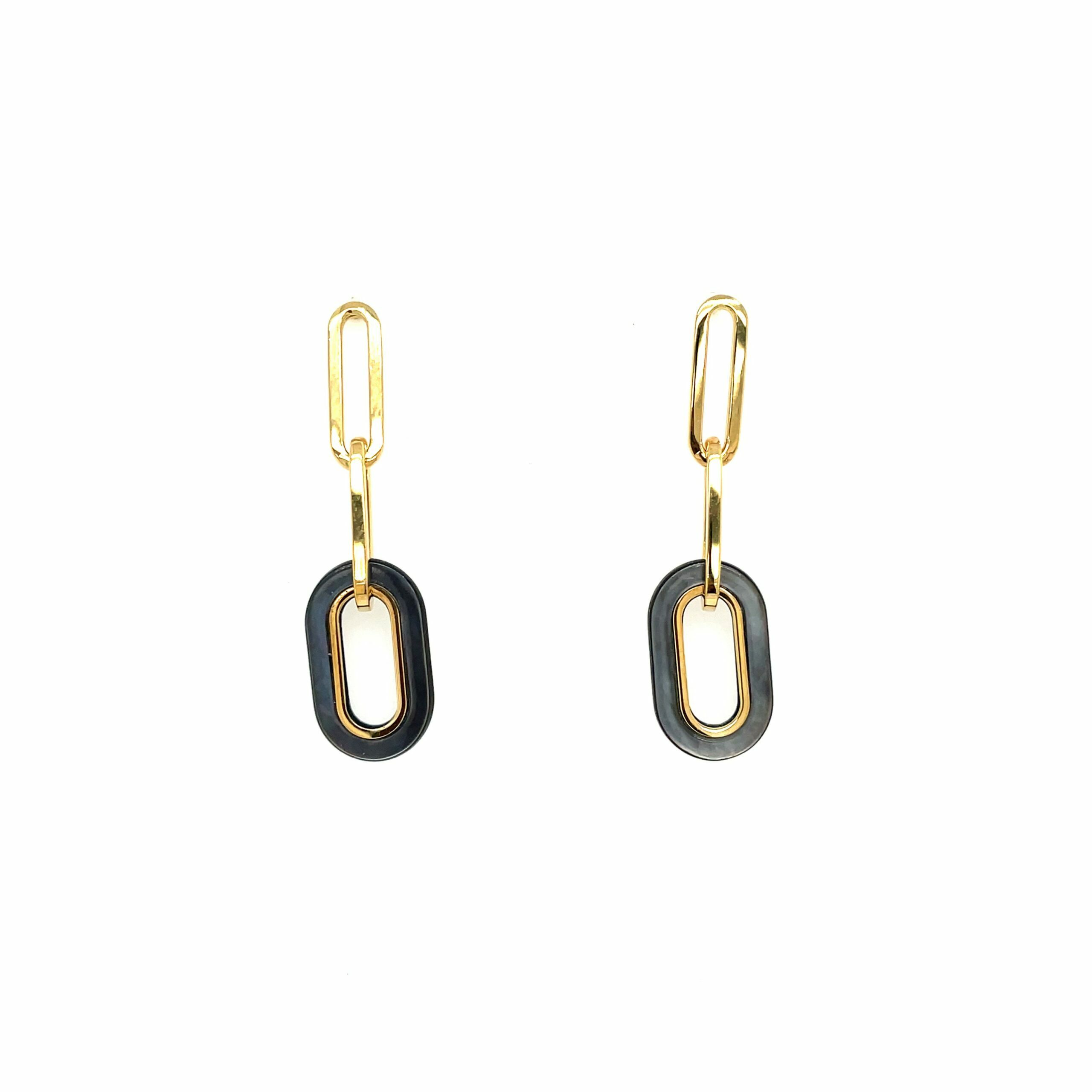 Yellow Gold Mother of Pearl Drop Link Earrings