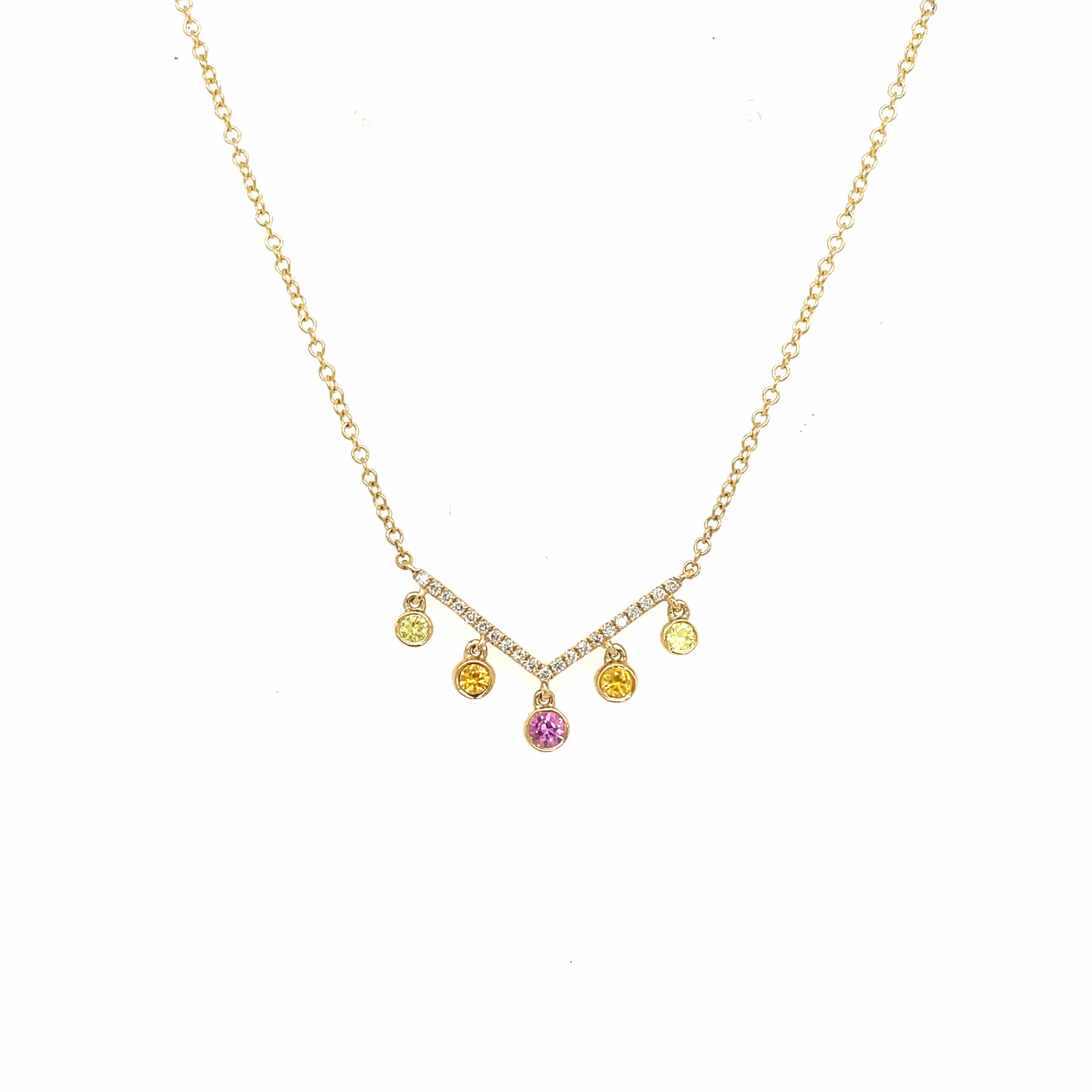 Yellow Gold Multi-Colored Sapphire and Diamond Drop Necklace