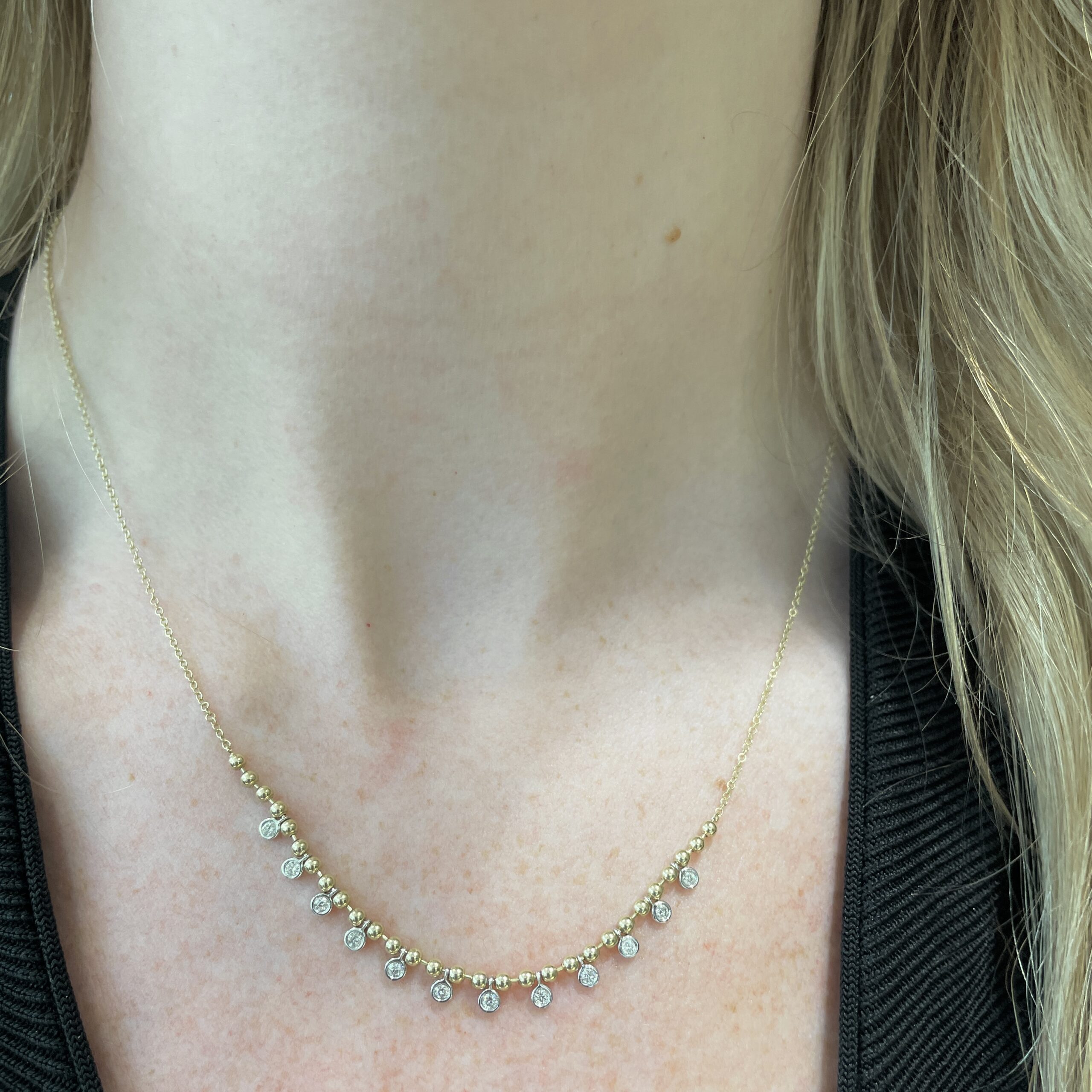Yellow Gold Bead and Diamond Drop Necklace