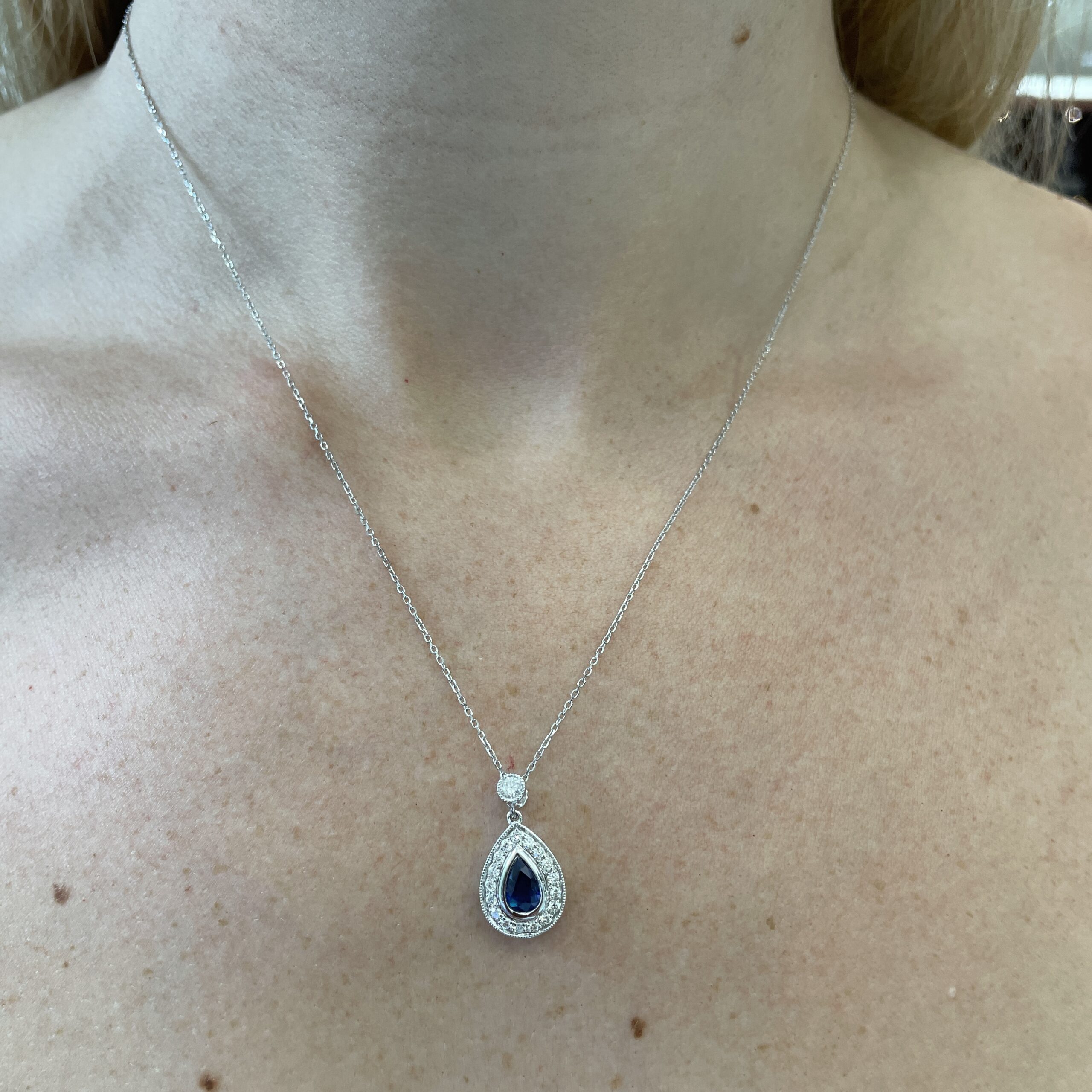 White Gold Sapphire and Diamond Pear Drop Pendant Necklace