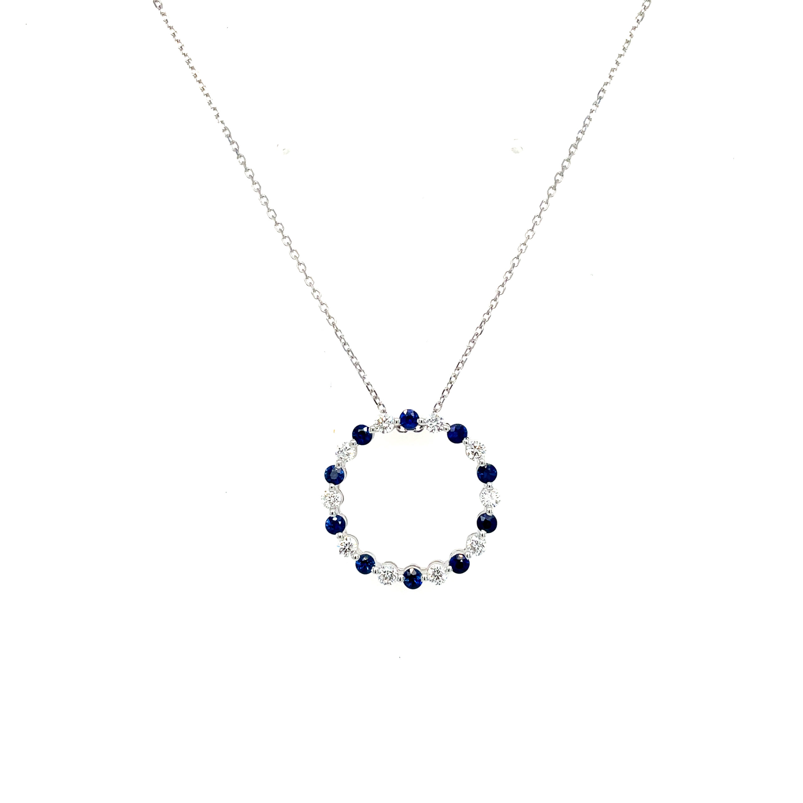 White Gold Sapphire and Diamond Circle Pendant Necklace
