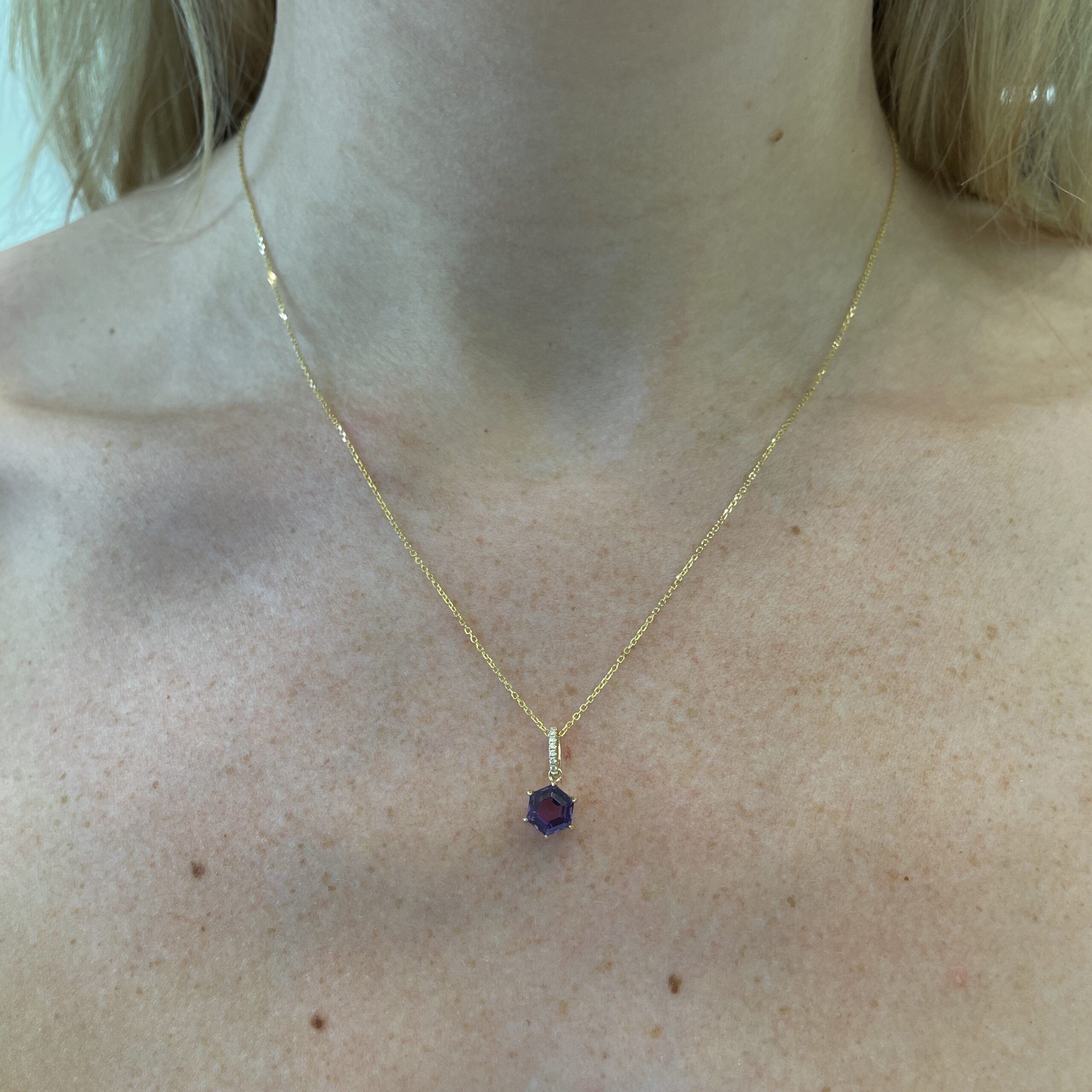 Yellow Gold Hexagonal Amethyst and Diamond Necklace