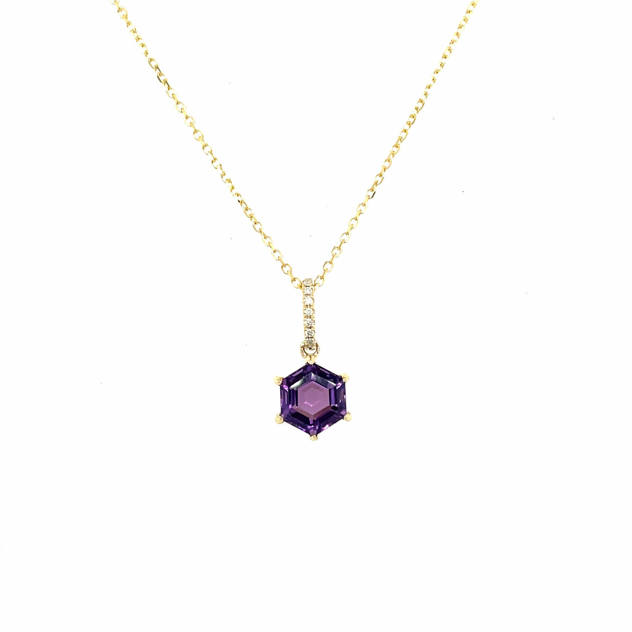 Yellow Gold Hexagonal Amethyst and Diamond Necklace