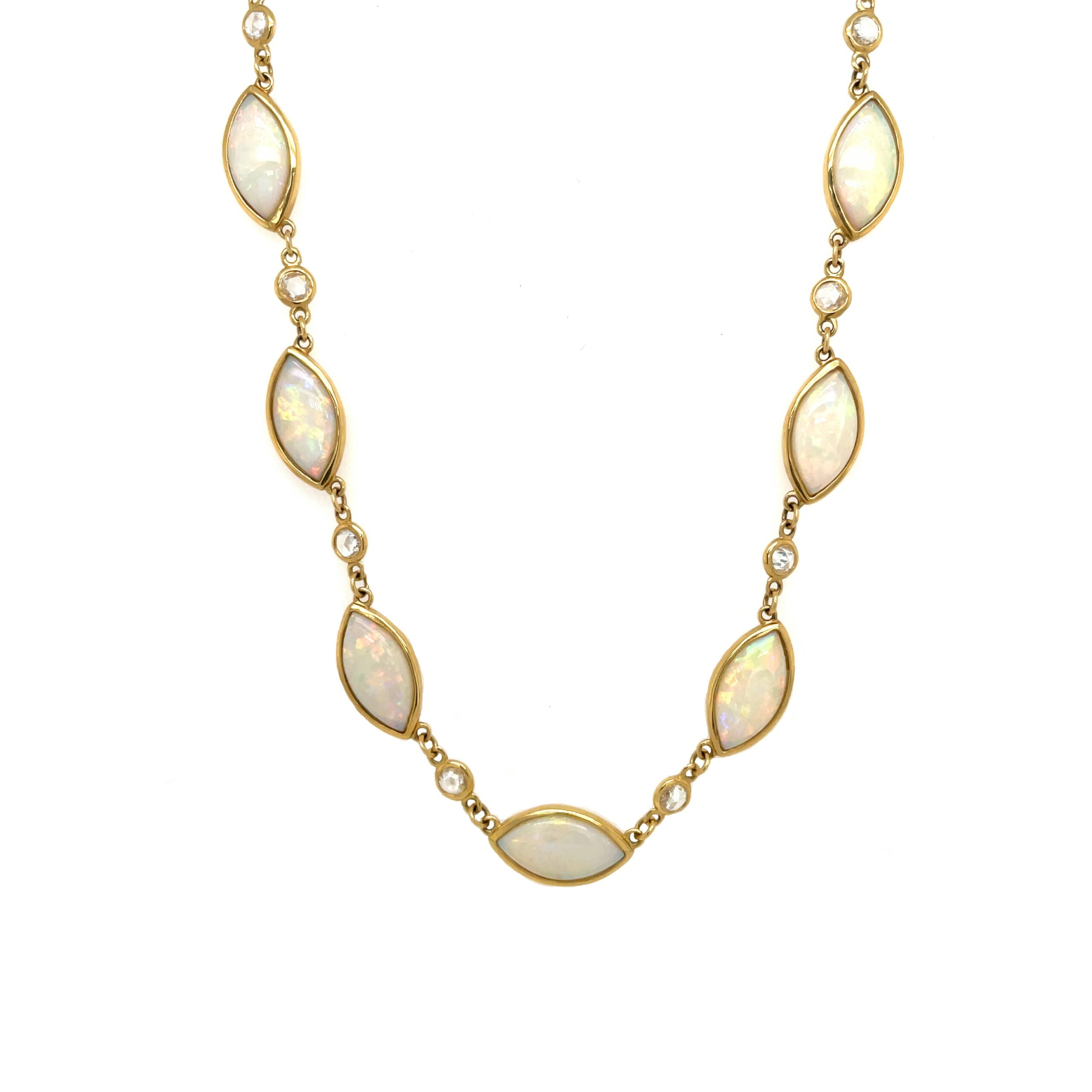 Yellow Gold Opal and Diamond Station Necklace