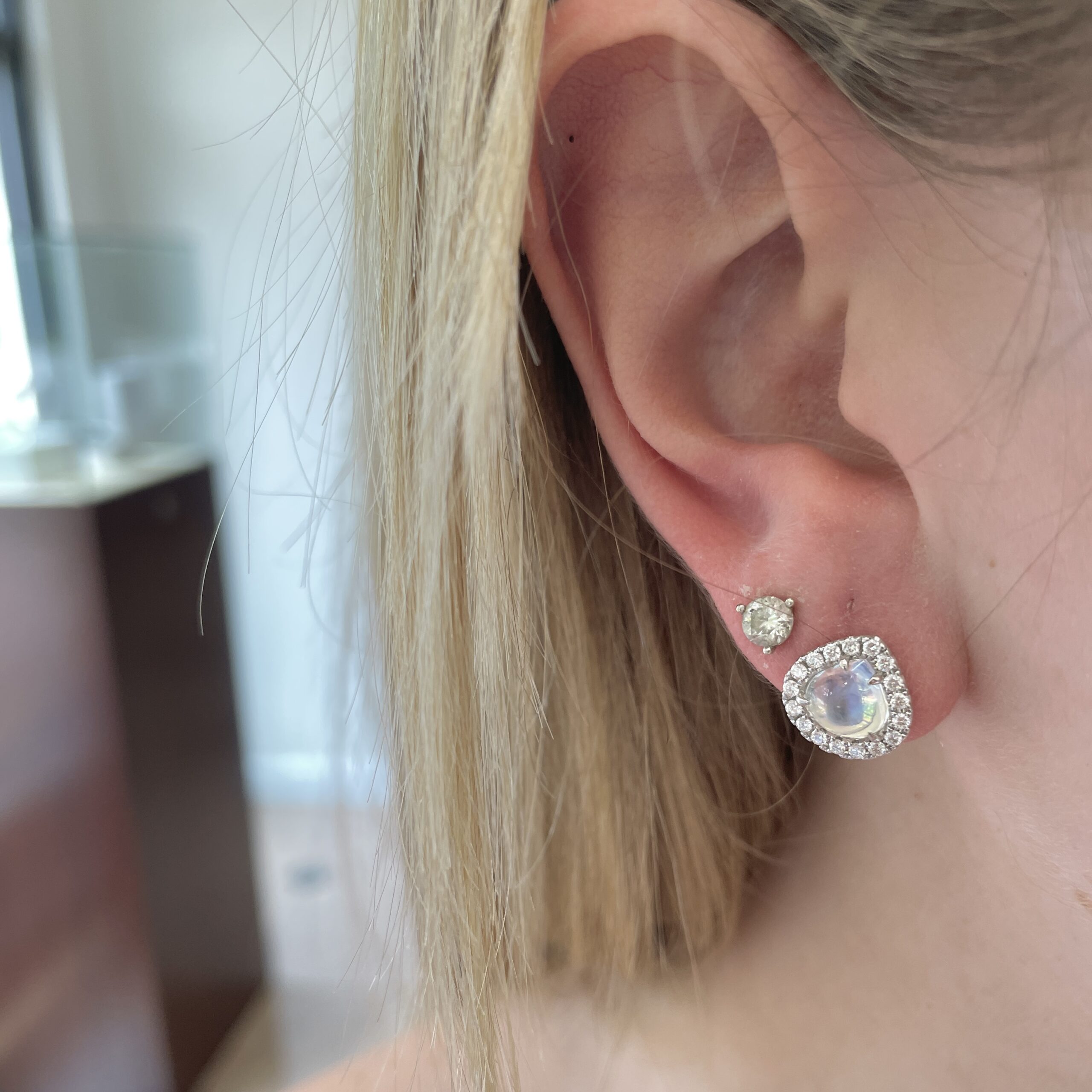 White Gold Moonstone and Diamond Stud Earrings