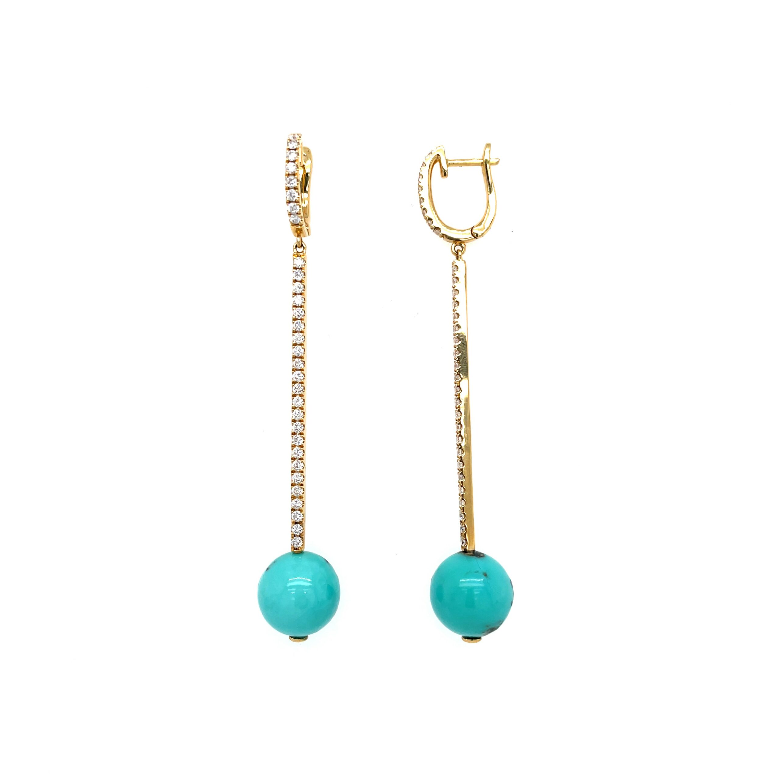 Yellow Gold Turquoise and Diamond Drop Earrings