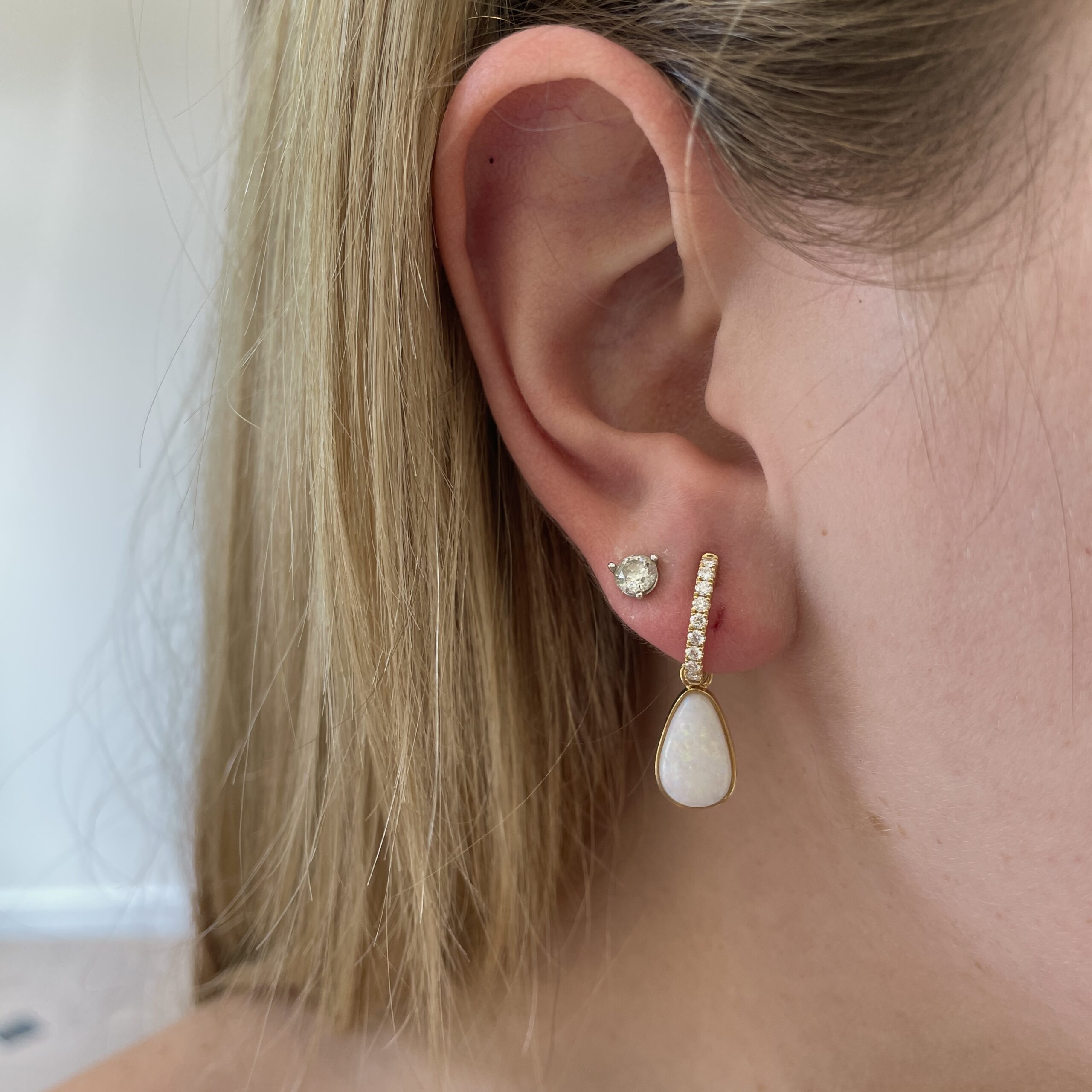 Yellow Gold Opal and Diamond Huggie Drop Earrings