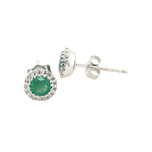 White Gold Emerald Stud Earrings with Diamond Halos