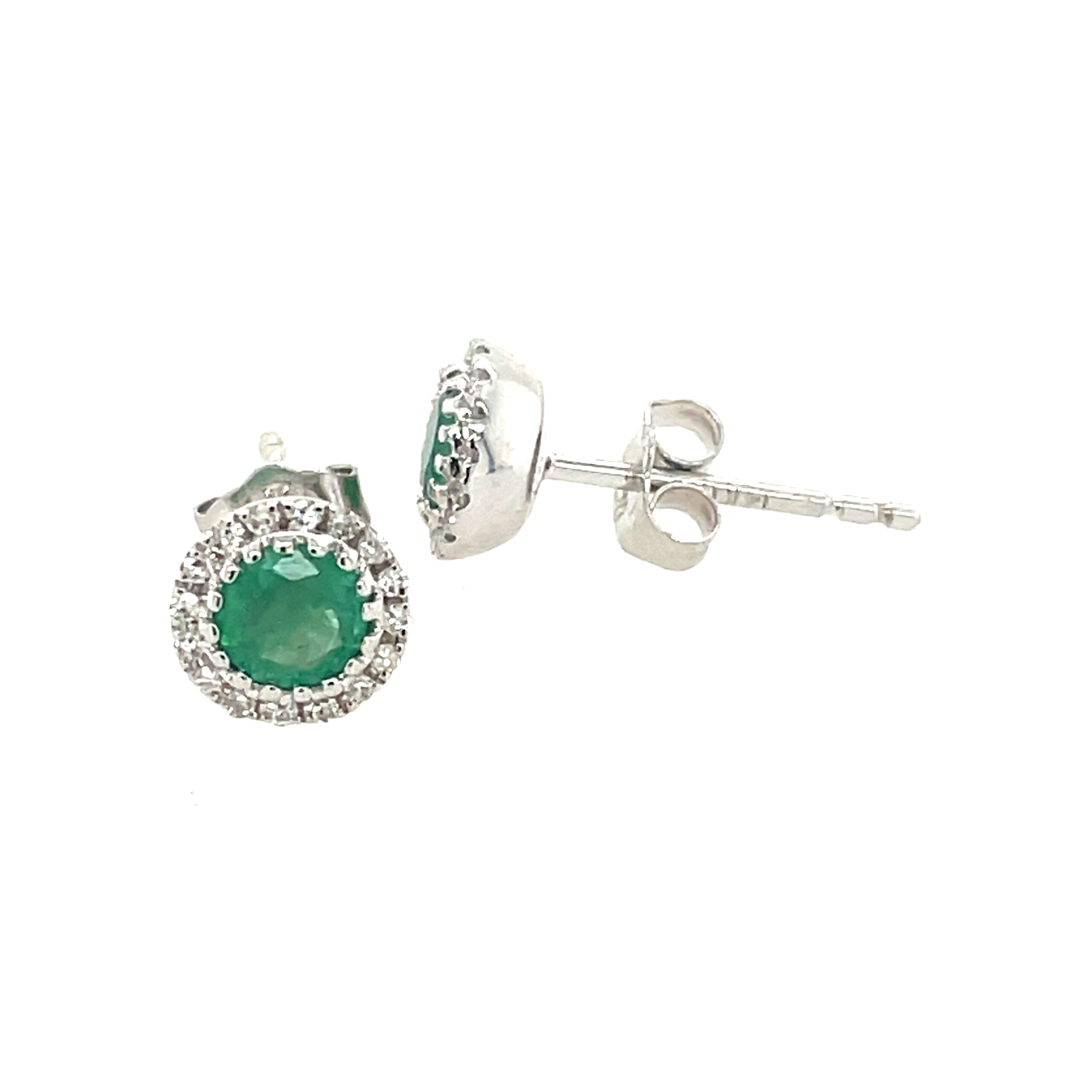 White Gold Emerald Stud Earrings with Diamond Halos